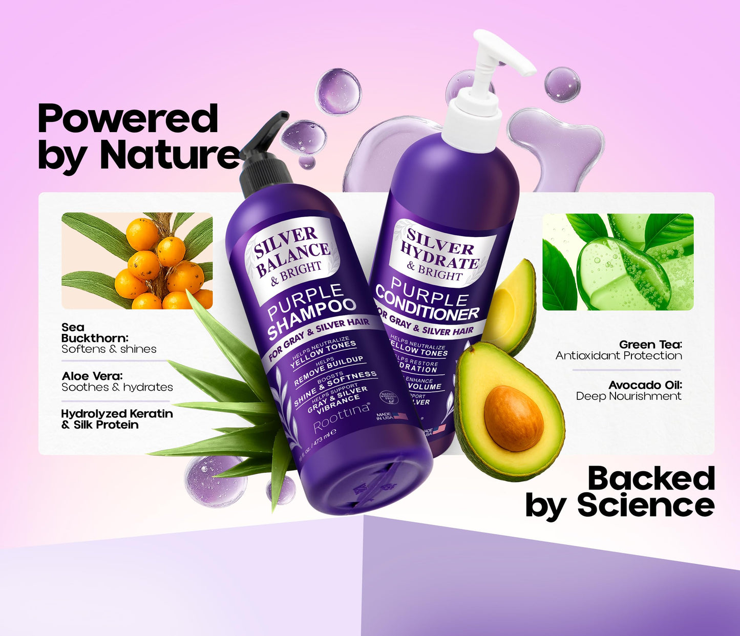 ROOTTINA Sulfate Free Brass Toning Purple Shampoo and Conditioner Set for Grey and Silver Hair, Moisturizing & Color-Safe, Enhances Shine