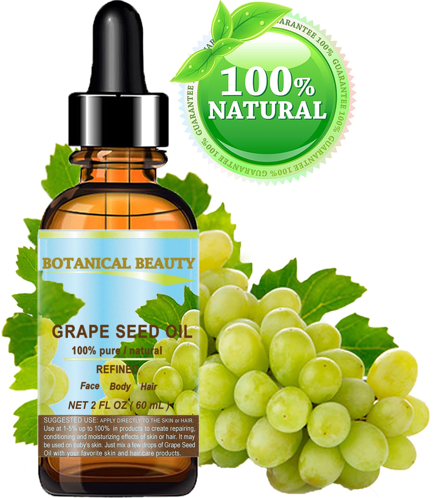 Botanical Beauty GRAPE SEED OIL 100% Pure Natural Undiluted Refined Cold Pressed Carrier Oil for Face, Skin, Body, Hair, Massage, Lip, Nails (2 Fl Oz