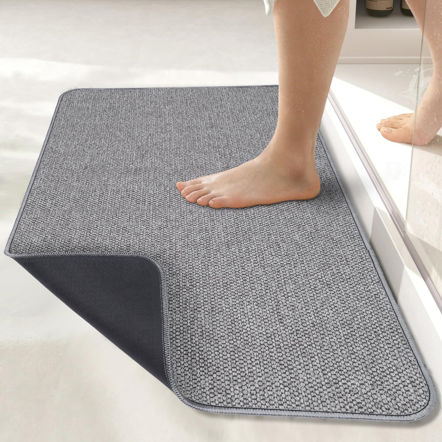 Ultra Thin Bath Mat – Non-Slip, Quick Dry, Absorbent Rubber Bathroom Rug, Machine Washable – Grey, 17x27 Inch, Low Pile