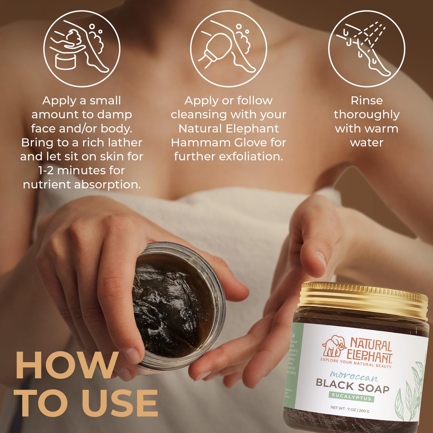 Natural Elephant Moroccan Black Soap | Travel Size 2oz | Eucalyptus Essential Oil | Traditional Hammam Beldi Soap, 100% Natural Ingredients, Ideal Beauty & Personal Care Natural Elephant