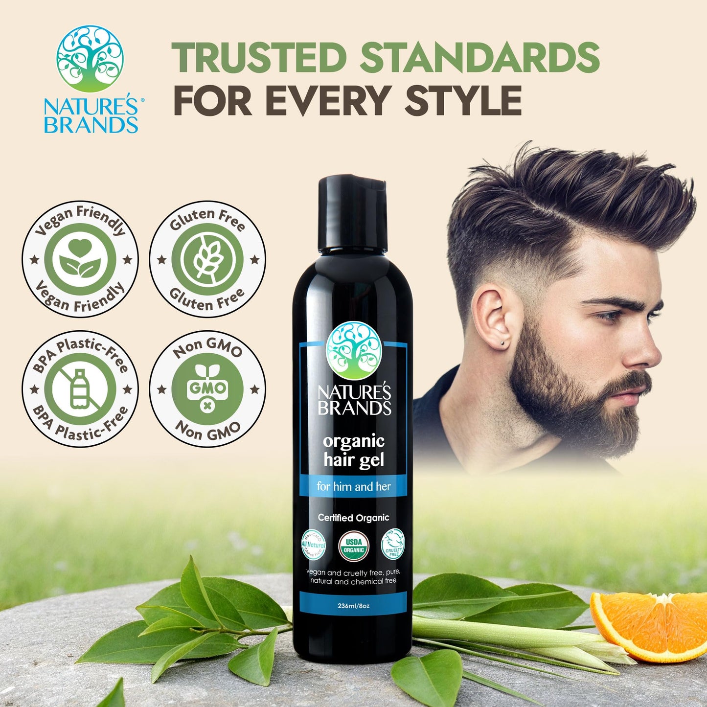 Nature’s Brand - Herbal Choice Mari Organic Hair Gel, 8 Oz - All-Day Hold for Curly & Straight Hair, Nourishing, Rosehip & Olive Oil Gel with Sweet