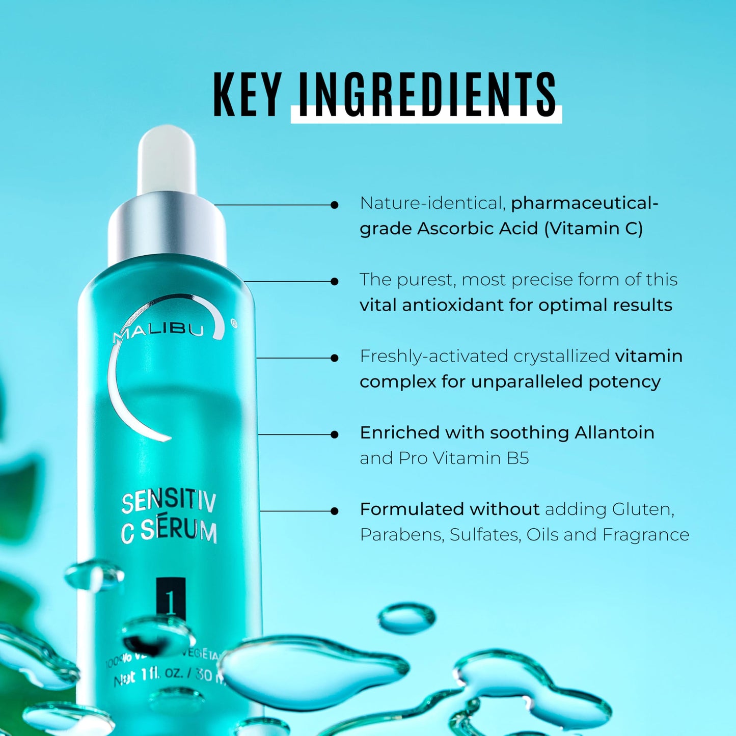 Malibu C Sensitiv C Face Serum - Vitamin C Serum for Combination & Sensitive Skin - Balances, Brightens & Protects with Ascorbic Acid, Allantoin