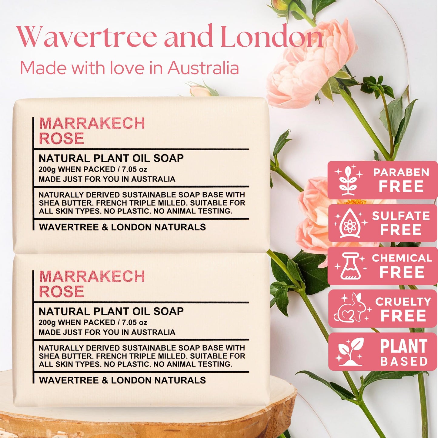 Wavertree & London Marakech Rose Scented Natural Soap Bars (2 Bars), 7oz Moisturizing French Triple Milled Soap enriched with shea butter - Plant Oil