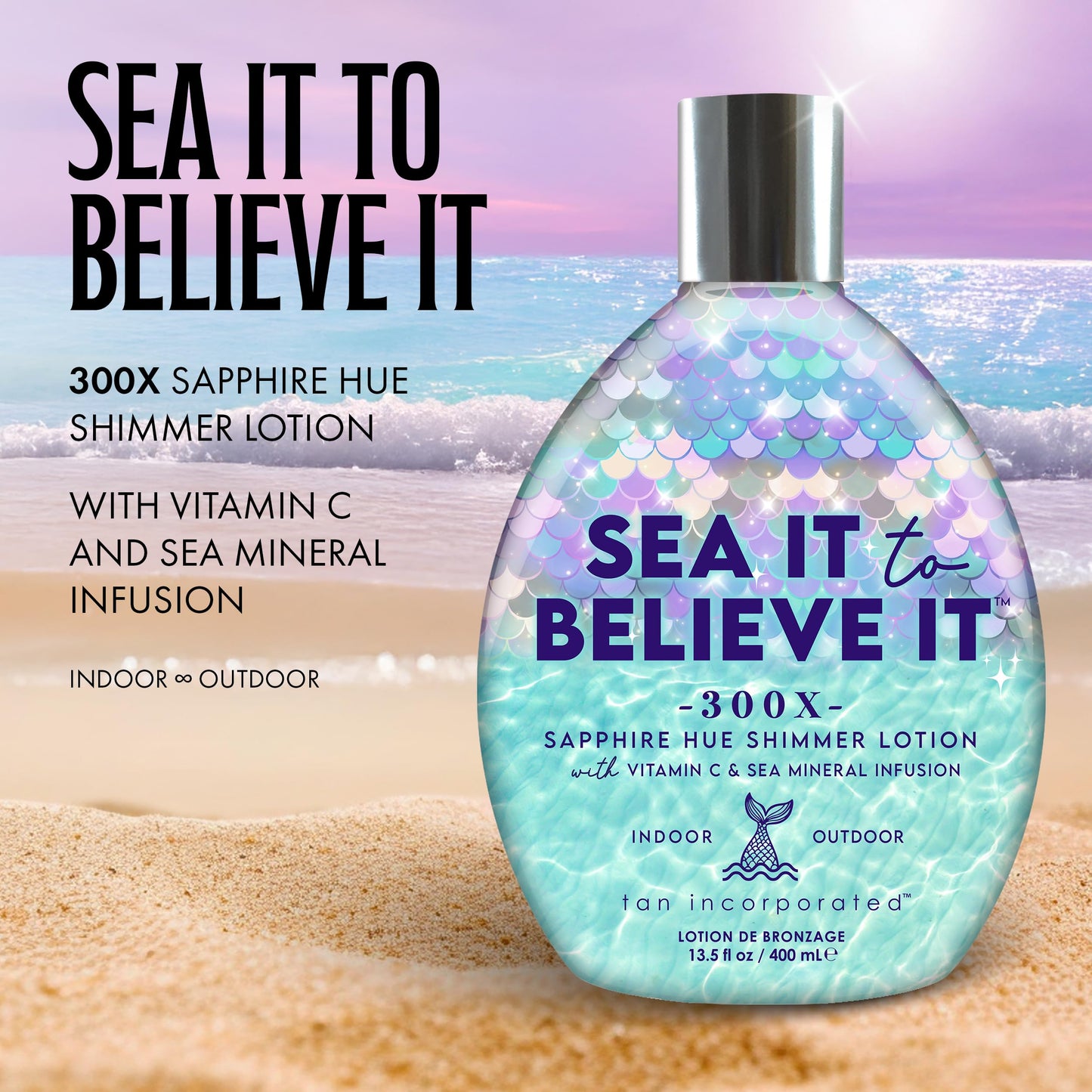 Tan Inc Sea It To Believe It Tanning Lotion, 300X Sapphire Hue Anti-Orange Shimmer with Vitamin C, Sea Minerals & Carrot Oil, 13.5 Fl Oz