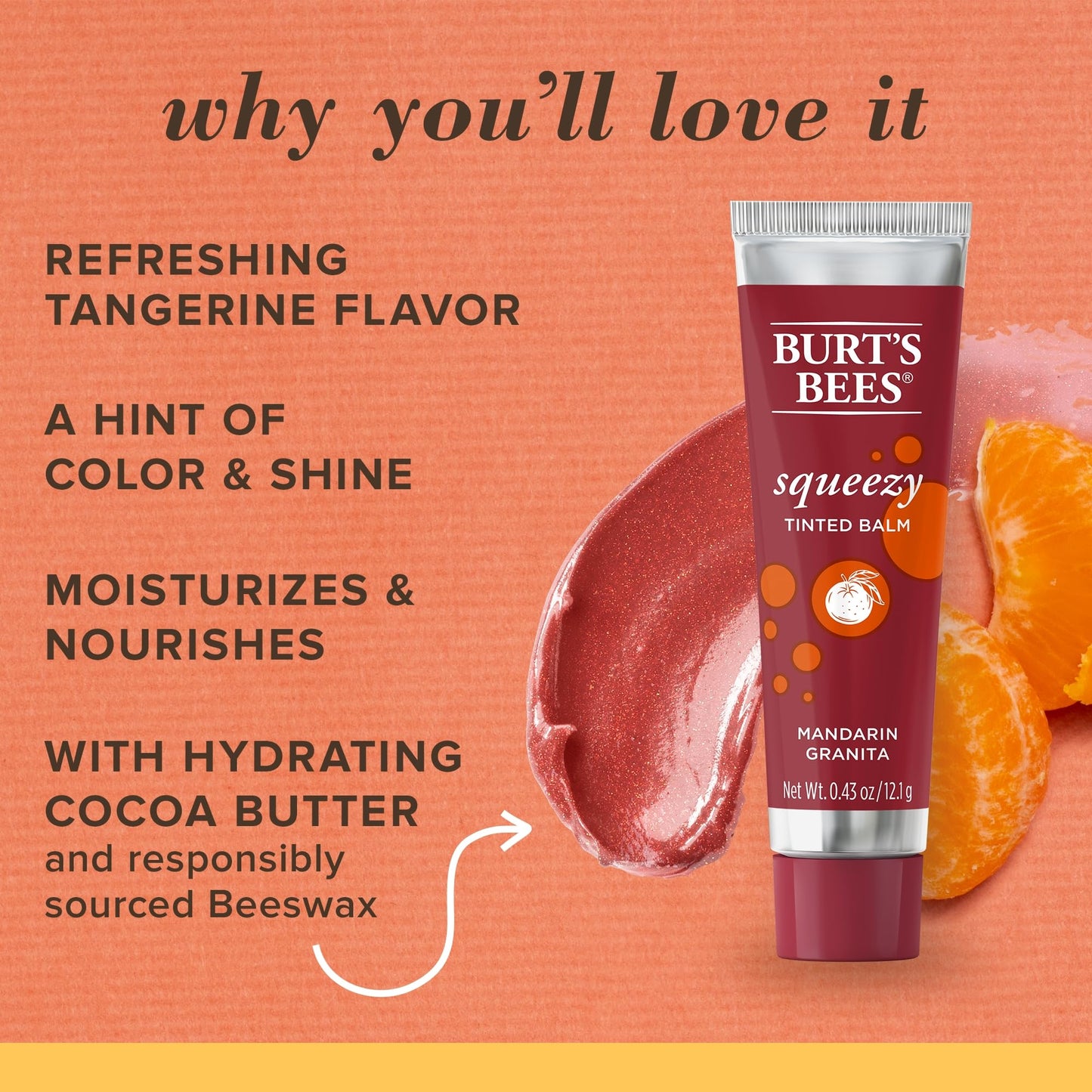 Burts Bees Mandarin Granita Squeezy Tinted Lip Balm, 0.43 OZ