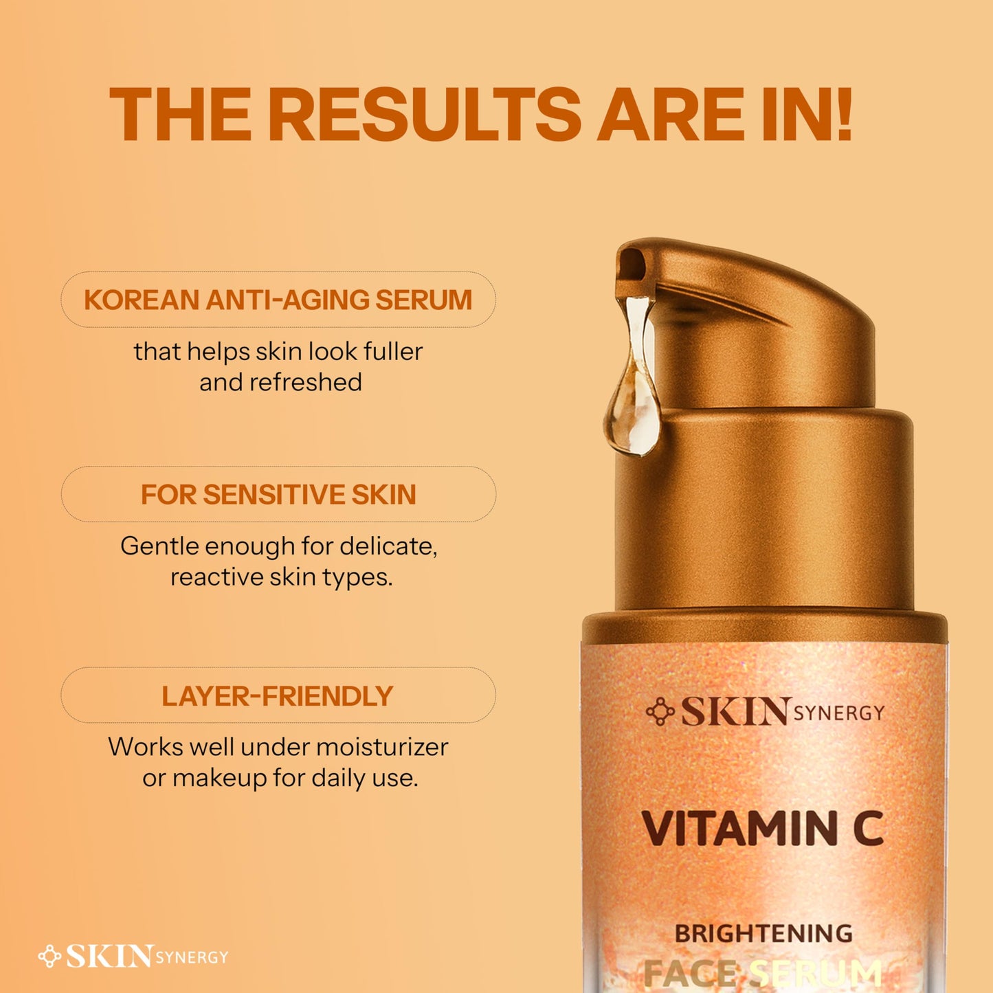 Skin Synergy Vitamin C Face Serum - Revitalizes Dull, Uneven Skin & Supports Youthful Glow - Dermatologist Tested, Anti-Aging, Korean Skin Care