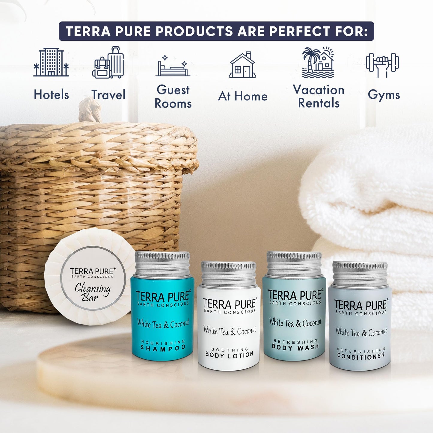 Terra Pure White Tea & Coconut Toiletries Set | 1-Shoppe Amenities Kit | 1oz Shampoo & Conditioner, Body Wash, Lotion, 1.25oz Bar Soap | Travel Size |