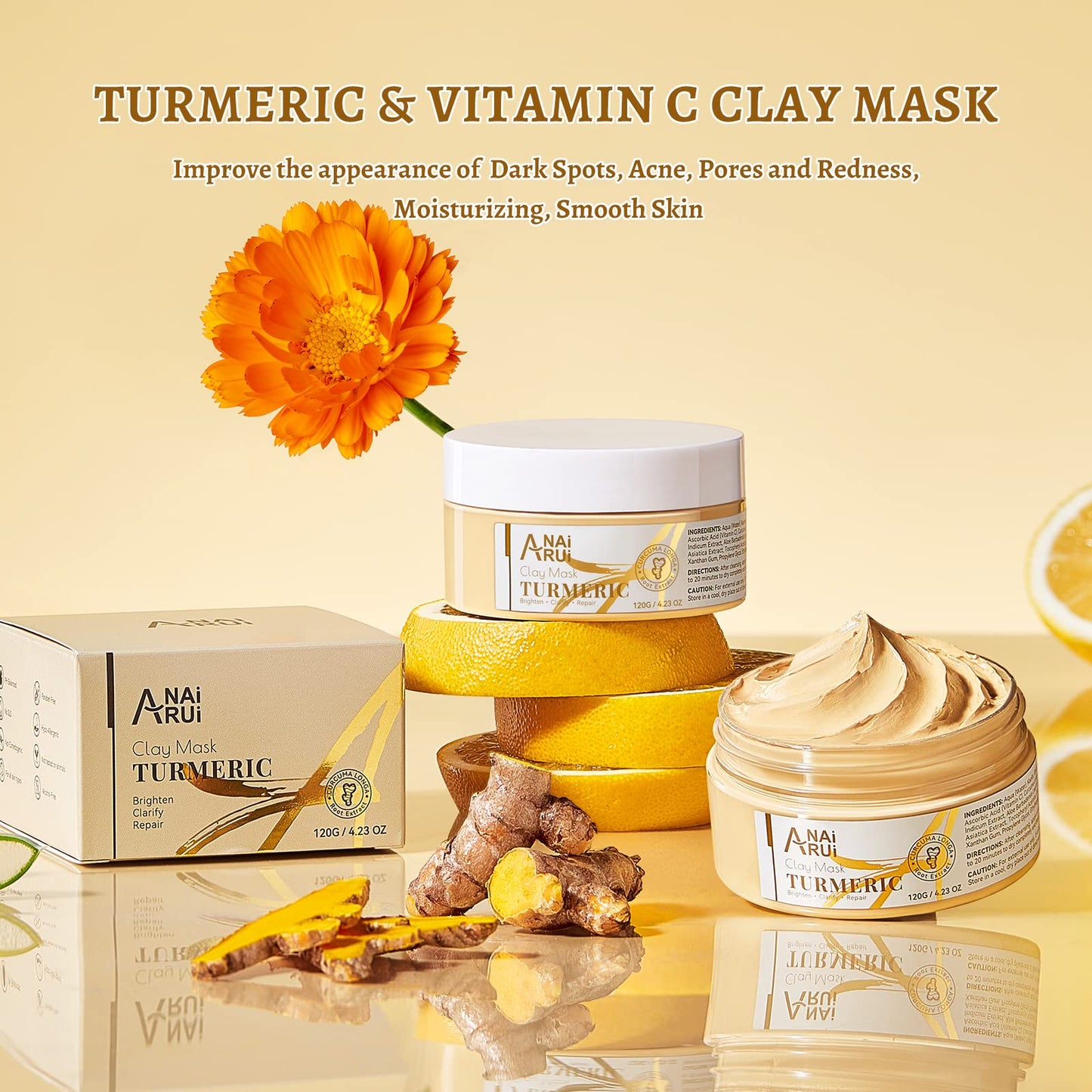 Turmeric Vitamin C Face Mask, Deeep Cleansing Clay Mask for Dull Skin, Skincare Facial Mask for Refining Pores and Controlling Oil, Smooth & Radiant