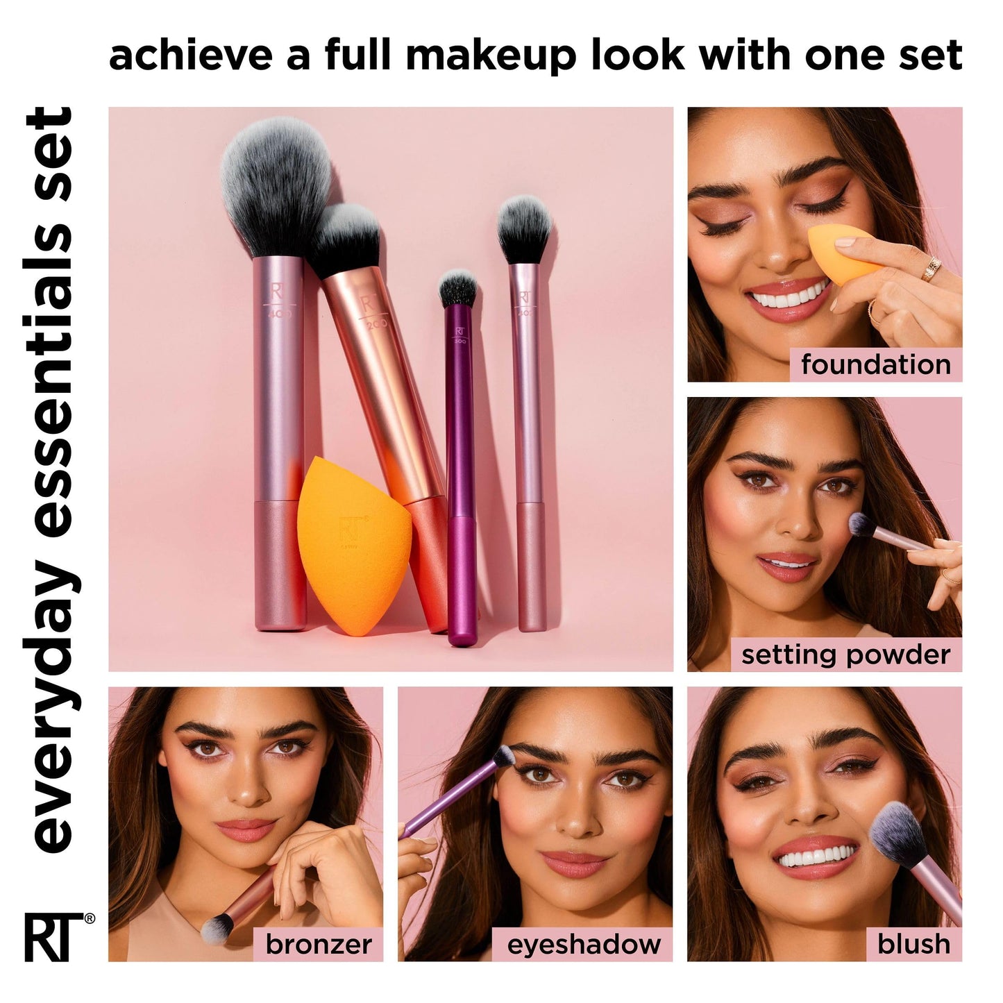 Real Techniques 5 Piece Everyday Essentials Makeup Brush Set, Includes 4 Brushes & Makeup Sponge, For Foundation, Blush, Bronzer, Contour, Eyeshadow