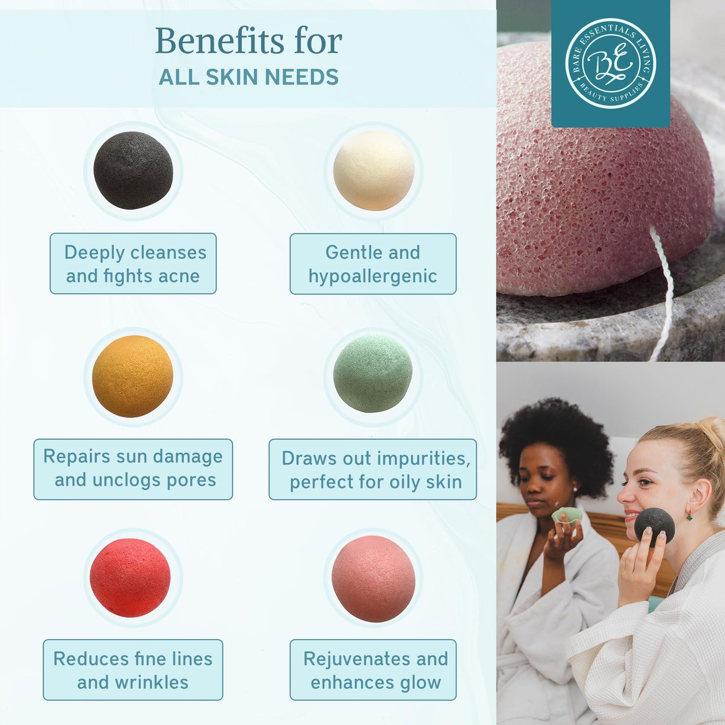 Bare Essentials Living - Konjac Sponges Set (12 Pack) with Activated Bamboo Charcoal Facial Sponge, Natural, Great for Facials, Bath, and Exfoliating