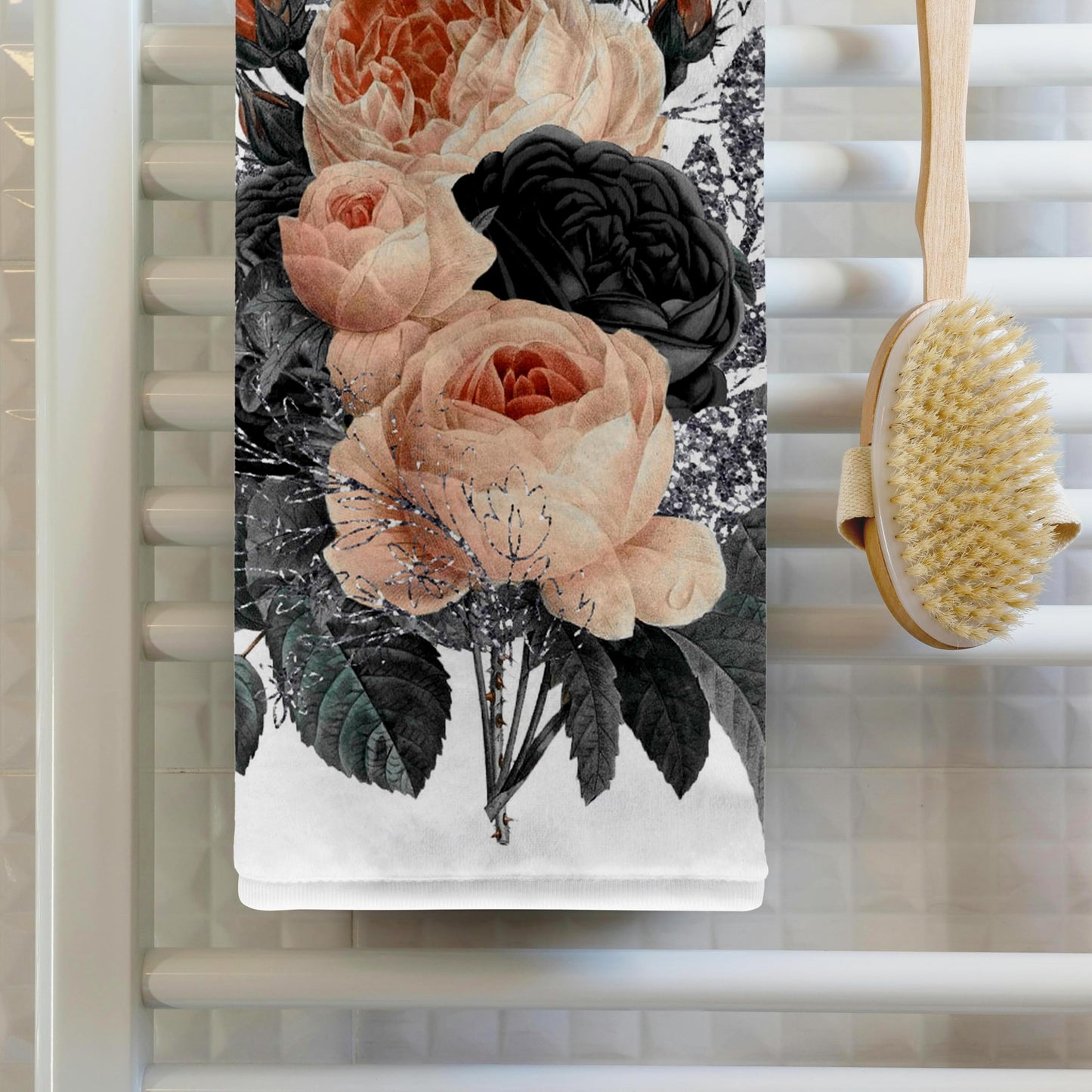 3dRose Towel - Pretty Peach, Gray, Black, and Image of Silver Floral Design - 15 by 22-inches (TWL_307947_1)
