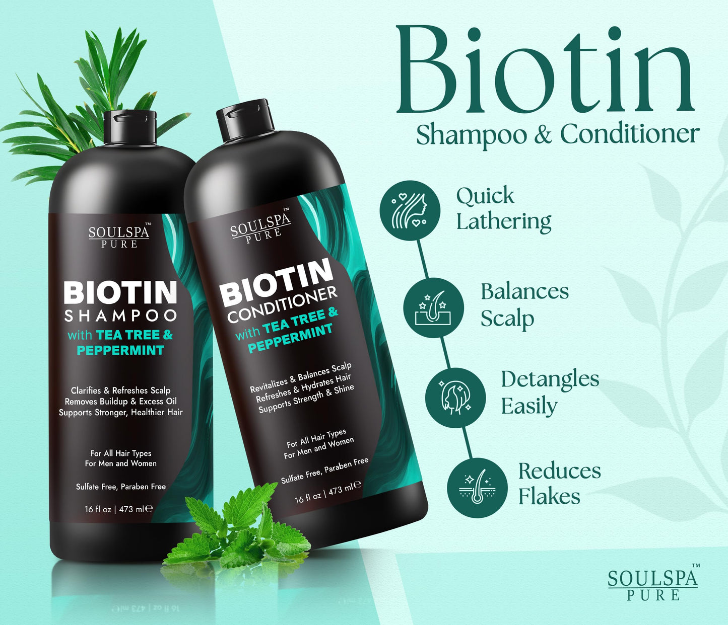 SOULSPA PURE Biotin Peppermint & Tea Tree Shampoo and Conditioner Set - Sulfate Free Scalp Care for Thinning & Color-Treated Hair - Clarifying Formula