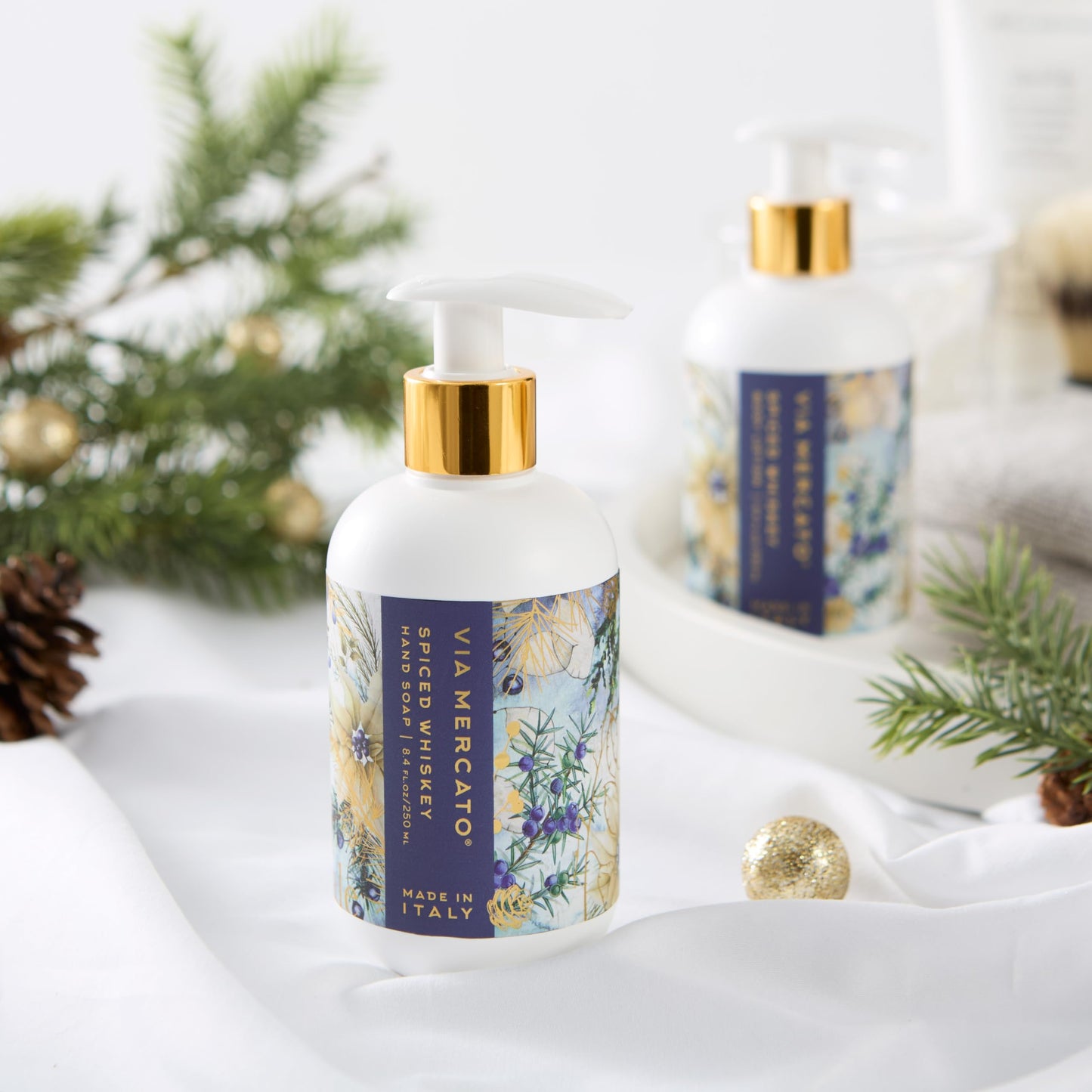 Via Mercato Natale 8.4 Fl Oz Italian Liquid Hand Soap, Subtle Fragrance, Spiced Whiskey