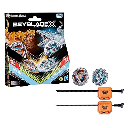 Beyblade X Jurassic World Collab T. Rex vs. Mosasaurus Multipack Set, 2 Takara Tomy Tops, 2 launchers, Battling Top Game, Dinosaur Toys, Ages 8+