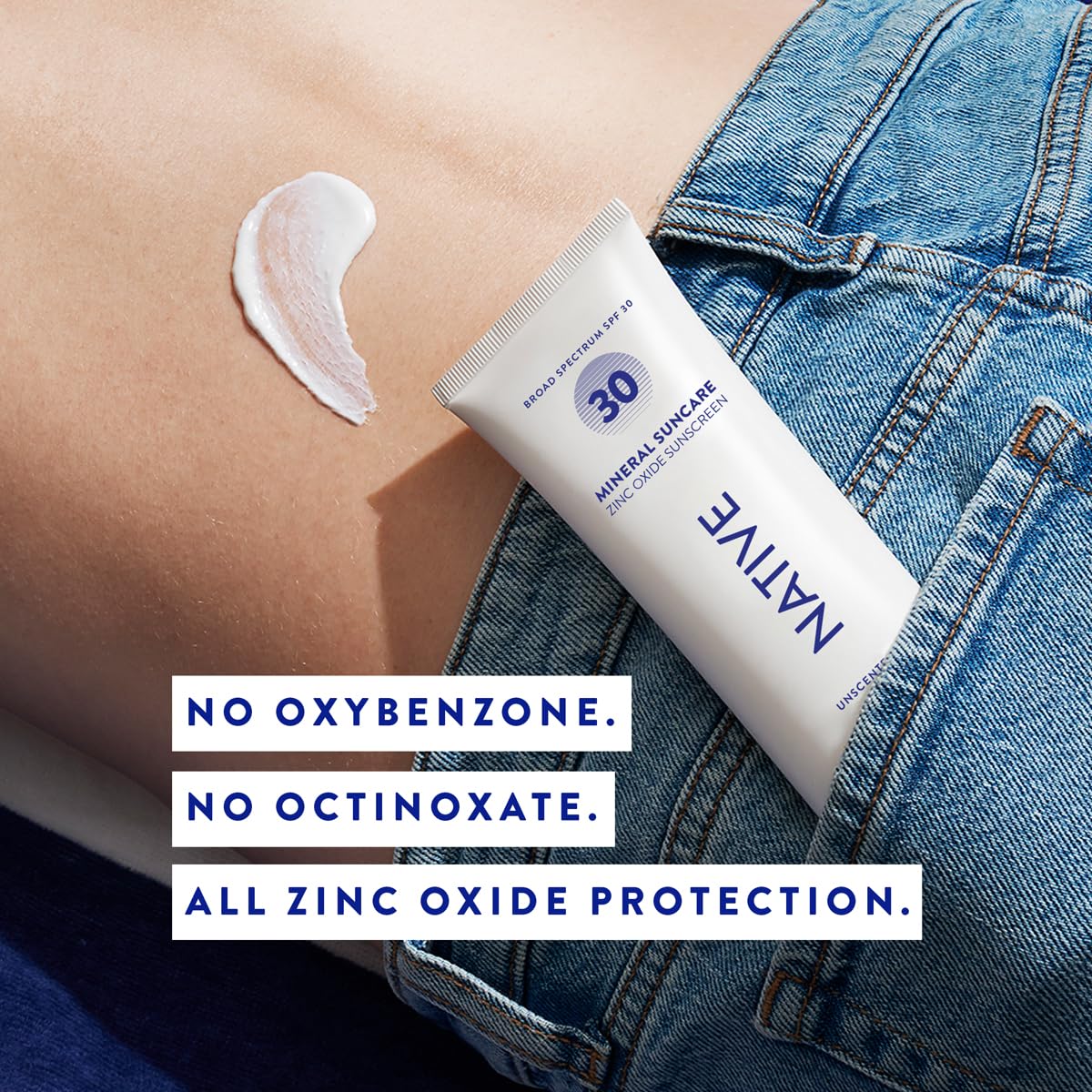 Native Sunscreen SPF 30, Zinc Oxide Dermatologist Tested Suitable for Sensitive Skin & Hawaii Compliant, 5 Ounces | Unscented Sun Protection Lotion