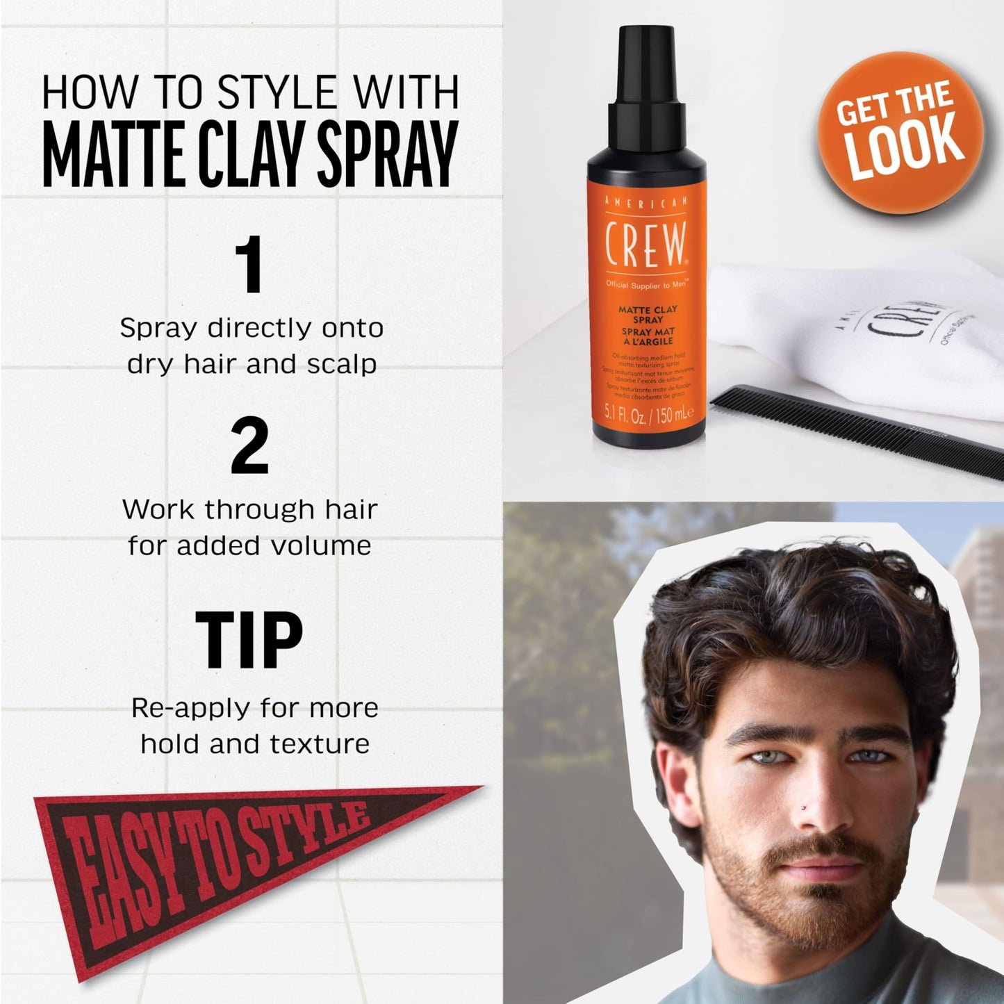 American Crew Matte Clay Spray, Oil-Absorbing, Medium Hold, Hair Care Gift for Him, 5.1 fl oz