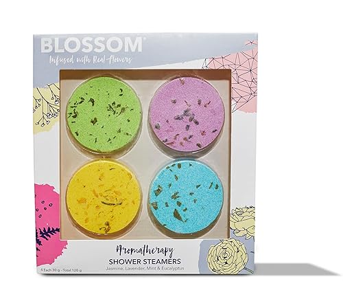 Blossom Aromatherapy Shower Steamers, Bath Bomb Tablets with Essential Oils for Stress Relief and Relaxation 4 Pack Box, Jasmine, Lavender, Mint…