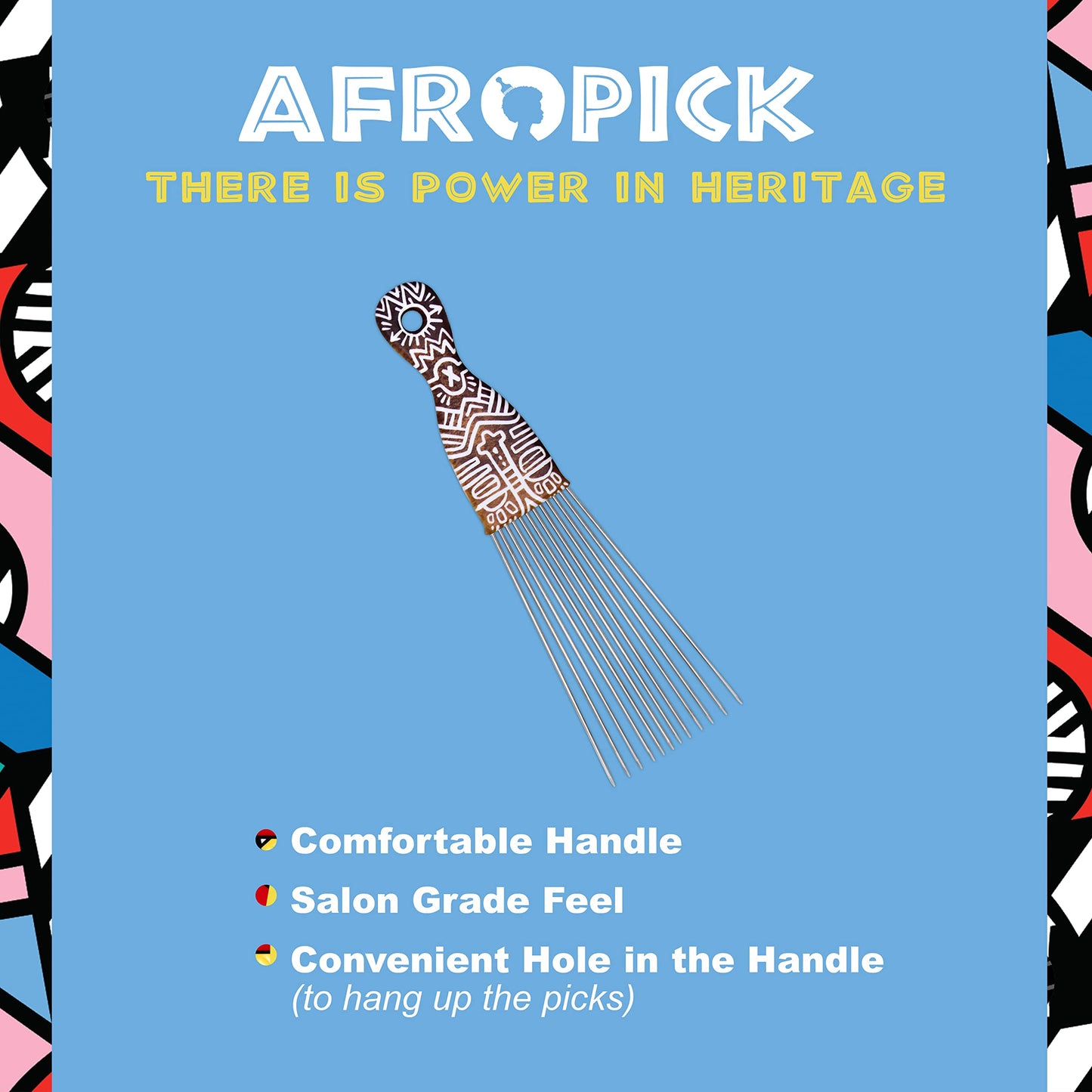 Afropick Metal Black Hair Pick for Natural Curly Long Thick Hair- Afro Pick Comb for Men, Women- African Artist Designs IMPROVED 2.0 (Ori)