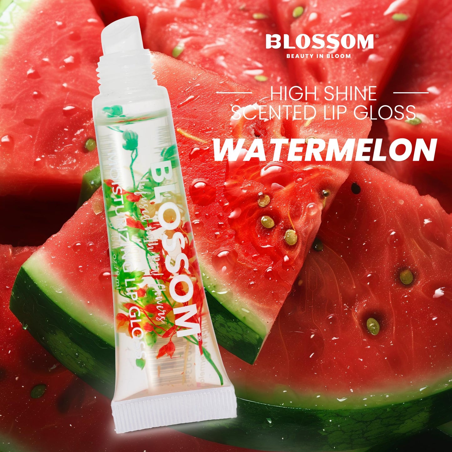 Blossom Lip Gloss Tubes, Watermelon Scented Thick Clear High Shine Moisturizing Flower Lip Gel with Nourishing Jojoba Seed Oil, Infused with Real