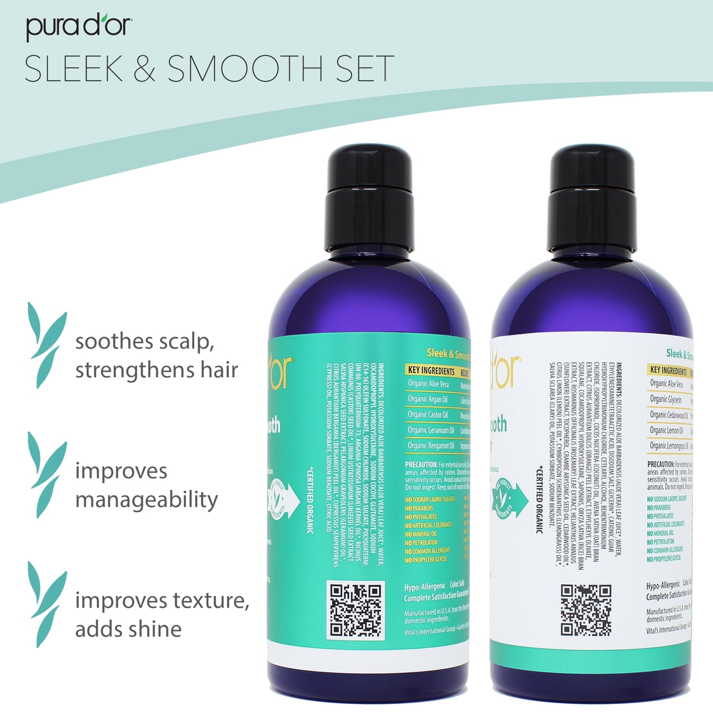 PURA D'OR Sleek & Smooth Shampoo and Conditioner Set For Frizz-Free & Silky Smooth Hair, Infused with Organic Aloe Vera, Argan Oil, Castor Oil