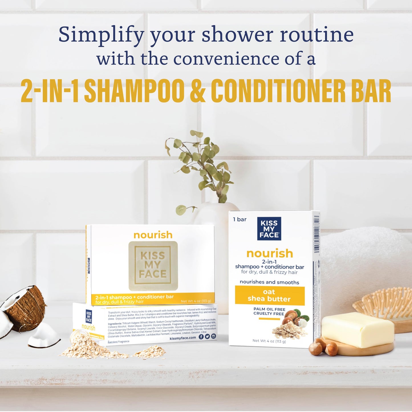 Kiss My Face Nourish 2-in-1 Shampoo and Conditioner Bar, With Oat and Shea Butter, Nourishes and Smooths, For Dry, Dull and Frizzy Hair, Cruelty Free