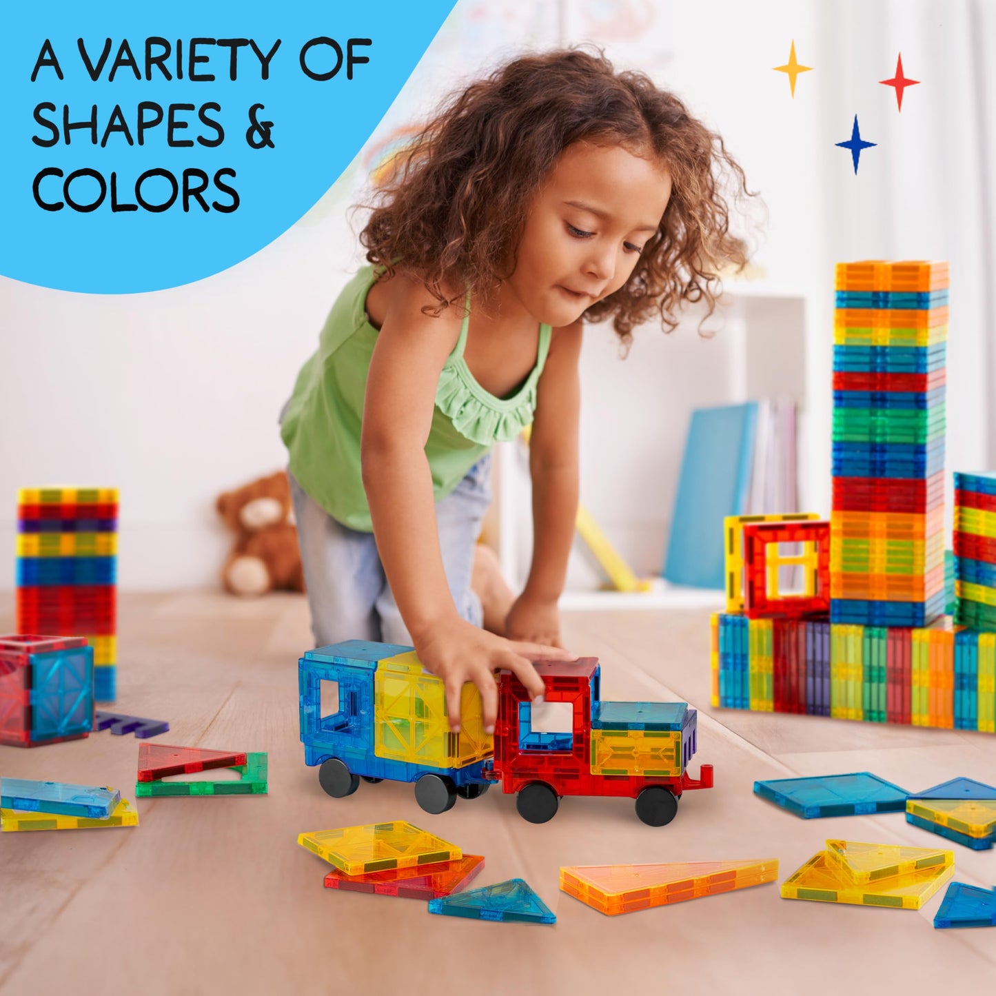 SUNNY AUNTIE Magnetic Tiles 125pcs XL Set + Bonus Zippered Case – Building Toy for Kids Ages 3-8, Educational STEM Gift for Boys & Girls