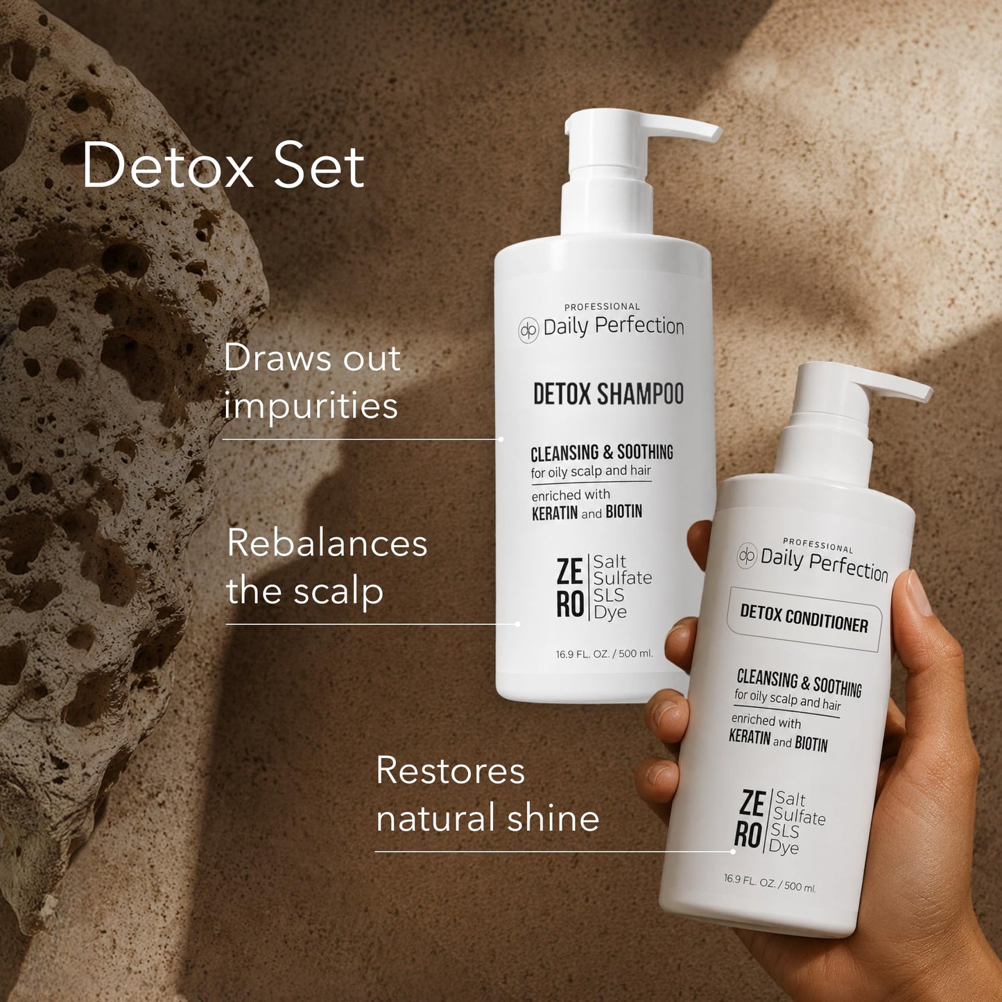 Daily Perfection Detox Shampoo and Conditioner Set - Cleansing, Soothing Clarifying Hair Care Duo with Biotin and Keratin for Oily Scalp - Salt