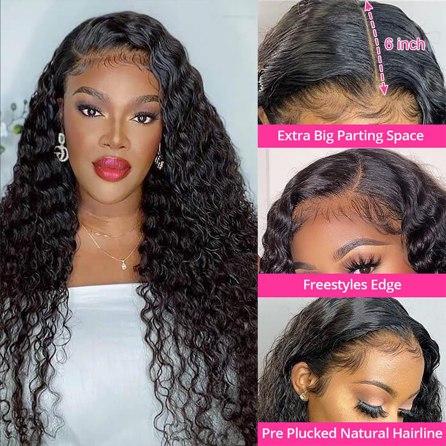SNJON 13x6 HD Transparent Lace Front Wigs Human Hair 180 Density Curly Lace Front Wigs Water Wave Wigs for Women Wet and Wavy Human Hair Wig Pre