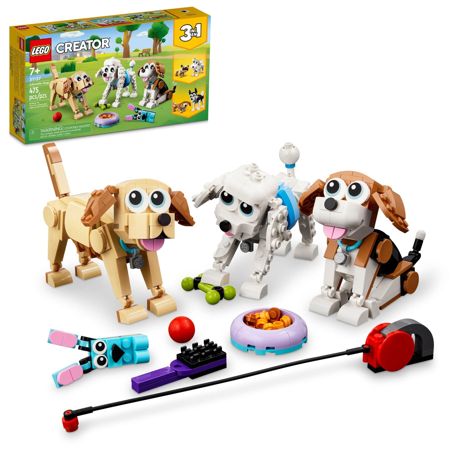 LEGO Creator 3 in 1 Adorable Dogs 31137, Build Dachshund, Beagle, Pug, Poodle, Husky & Labrador Figures, Fun Gift for Kids Ages 7+