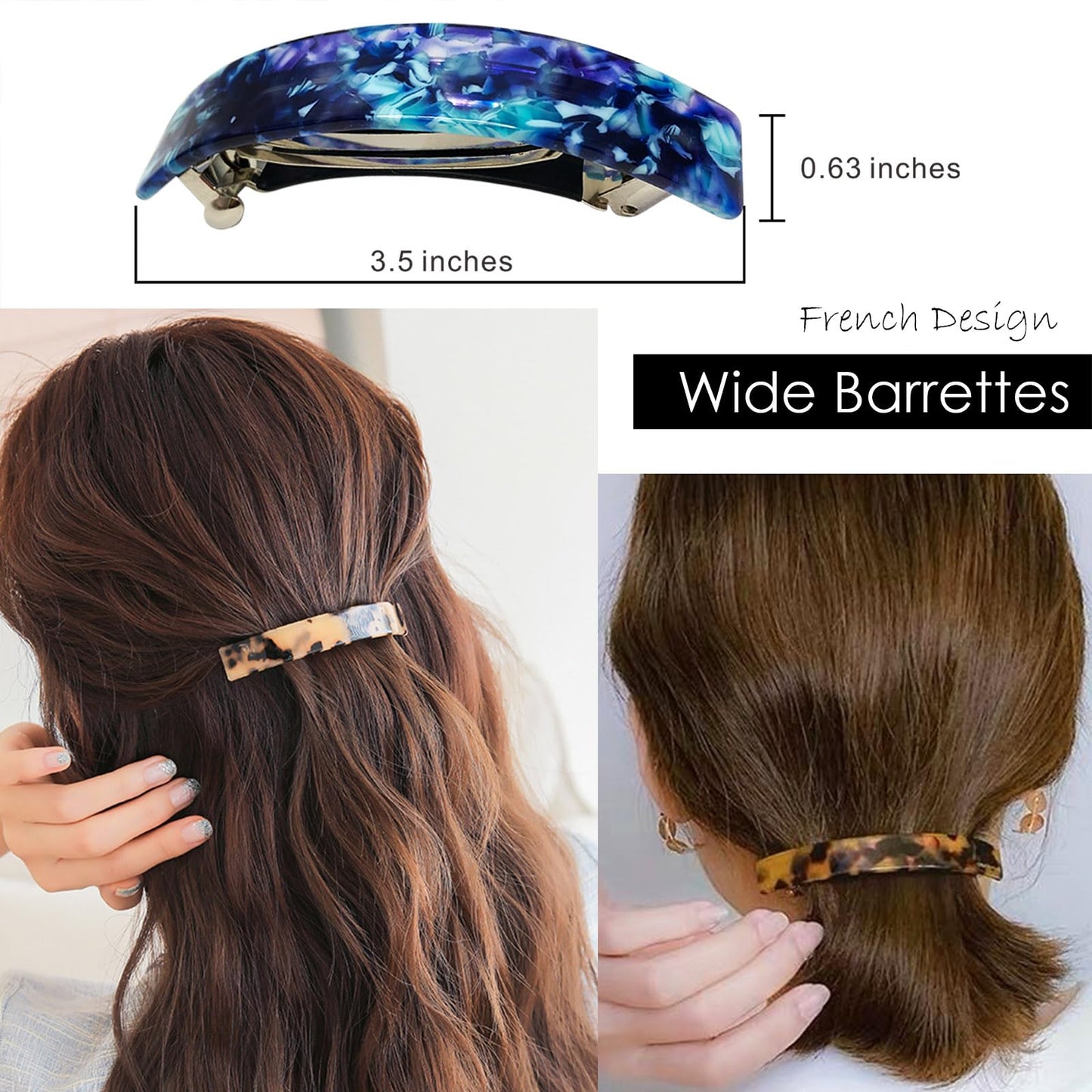 HYFEEL Large French Barrettes for Women Fine Thick Hair, Classic Tortoise Shell Hair Clips Wide Curved Celluloid Ponytail Holder Clamp Fashion Hair