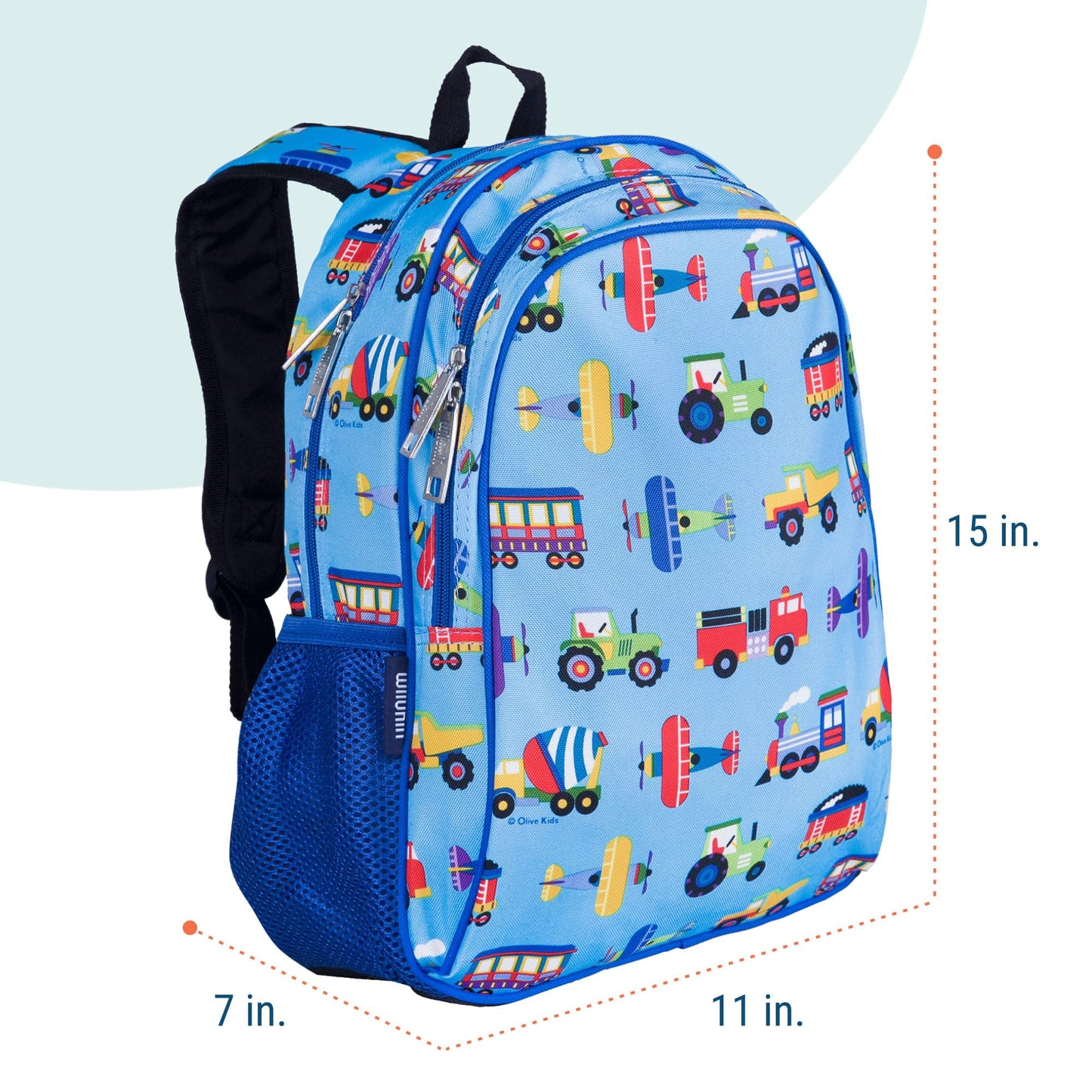 Wildkin 15-inch Kids Backpack - Durable, Padded, Adjustable for School & Travel - Trains, Planes, and Trucks