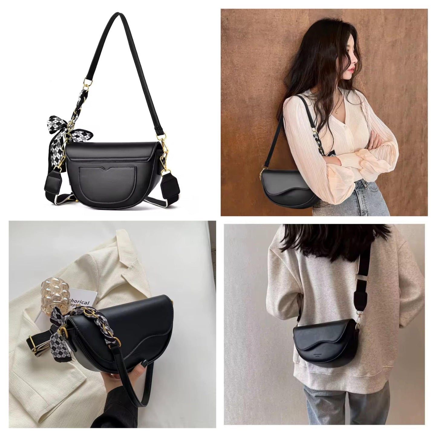 Elvirka Crossbody Bag for Women - Small Vegan Leather Shoulder Purse, Lightweight Travel Mini Handbag with Bow Detail (Black)