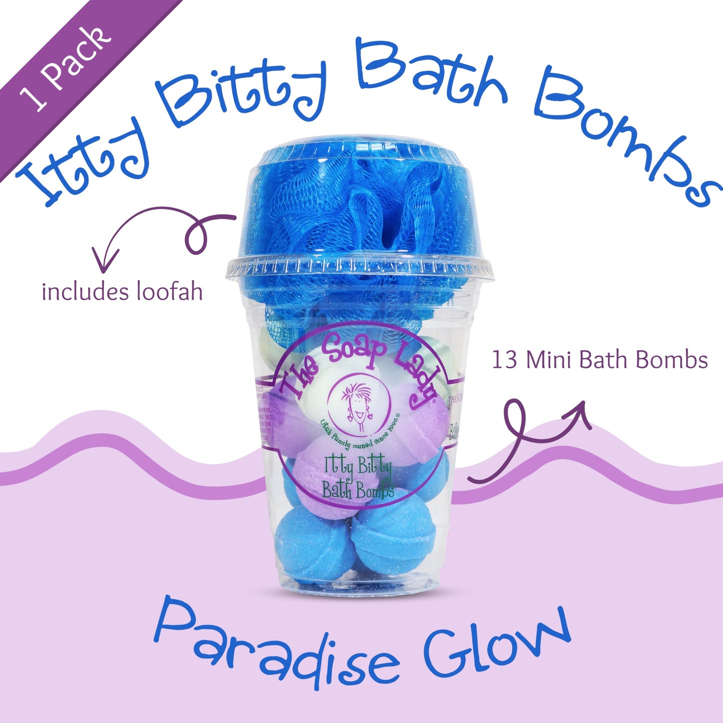 The Soap Lady Itty Bitty Bath Bombs - Paradise Glow - Includes Loofah - .65oz Bath Bombs