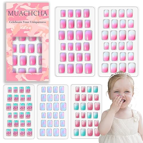 MUACHCHA 120 Pcs 5 Pack Children Acrylic Glitter False Nails Press on Nails Pre-glue Full Cover Fake Nail Tips Stick Cute Cartoon Short Artificial