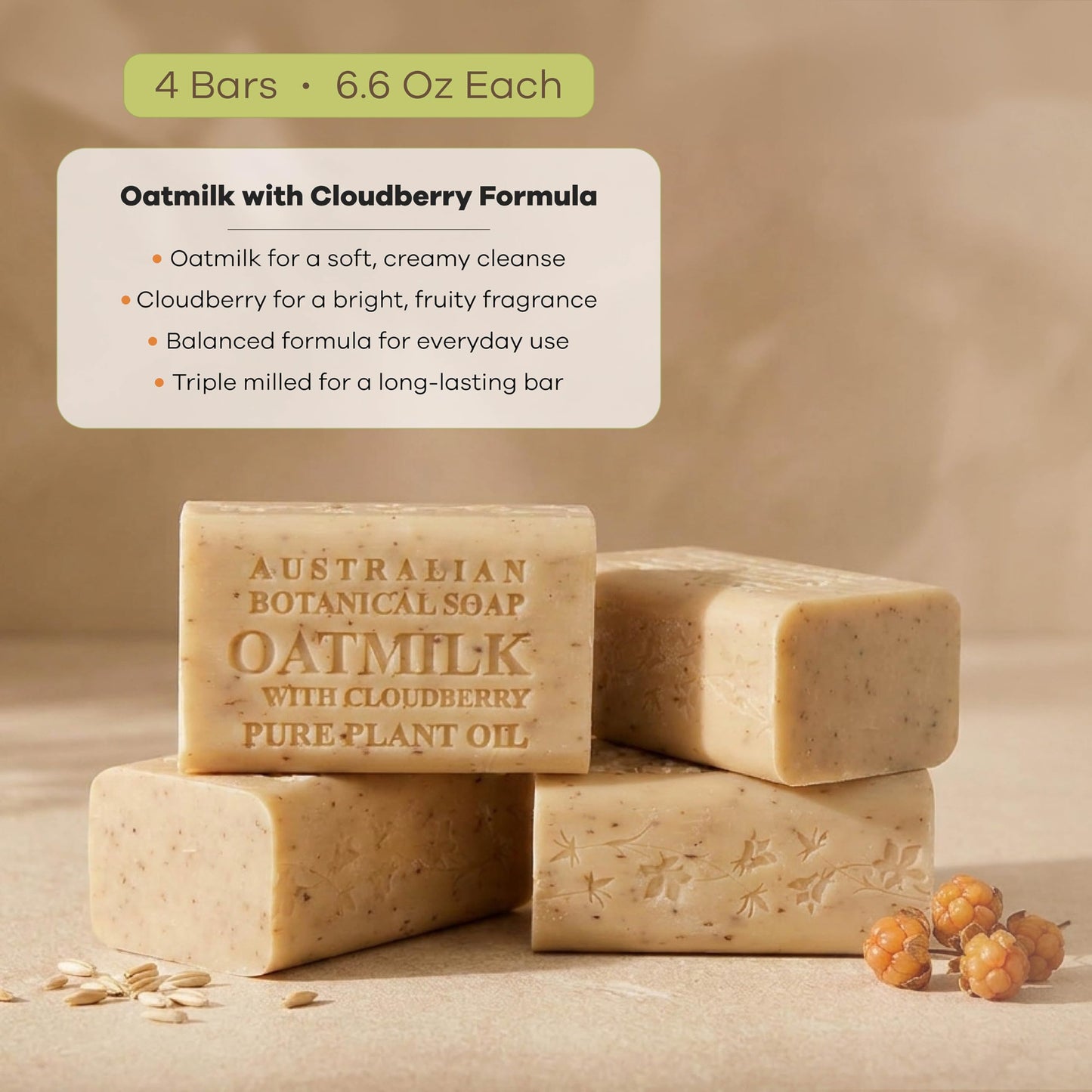 Australian Botanical Soap Oat Milk with Cloudberry - Triple Milled 6.6 oz Bar Soap with Shea Butter, Face Hand & Body Soap Bars, Pack of 4