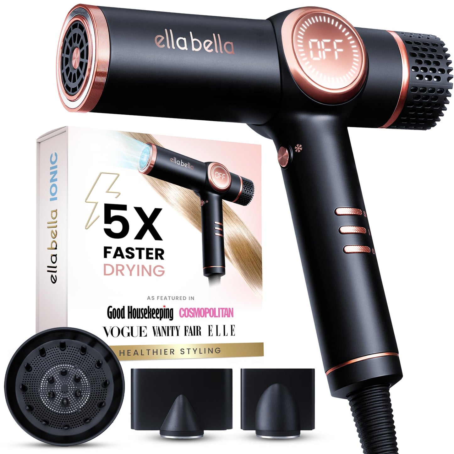 ELLA BELLA® Professional Ionic Hair Dryer with Diffuser • Negative Ion Blow Dryer • Suitable All Hair Types • Intelligent Heat Control & Rapid Drying Beauty and Personal Care ELLA BELLA