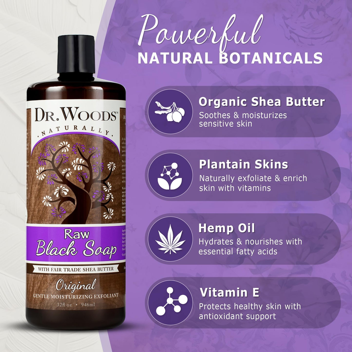 Dr. Woods Raw African Liquid Black Soap - Body Wash for Men and Women, Contains Organic Shea Butter, Gentle Exfoliant, Natural Cleanser for Face