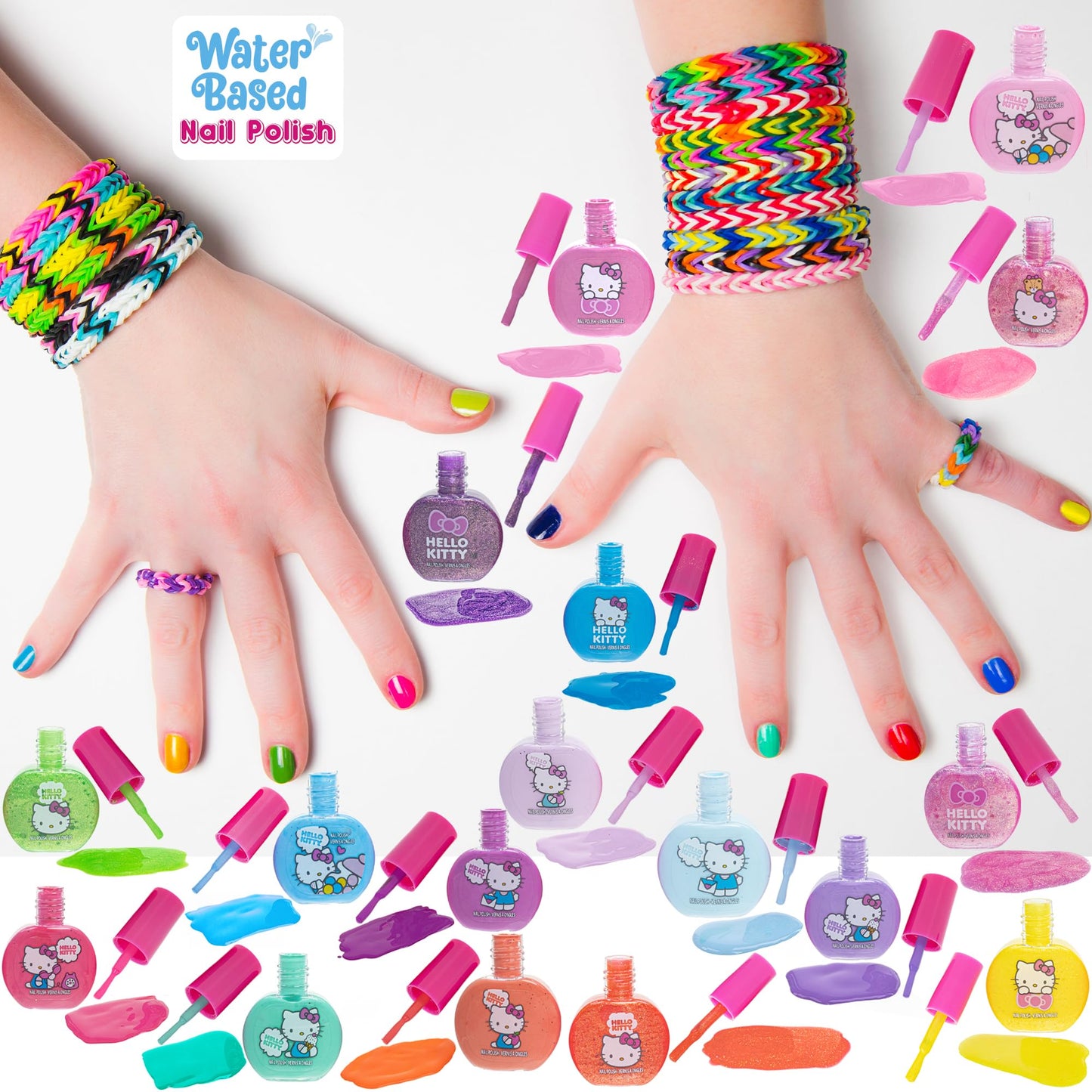 Hello Kitty Non-Toxic Water-Based Peel-Off Nail Polish Set with Glittery, Shimmery & Opaque Colors for Girl Kids Ages 3+, Perfect for Parties