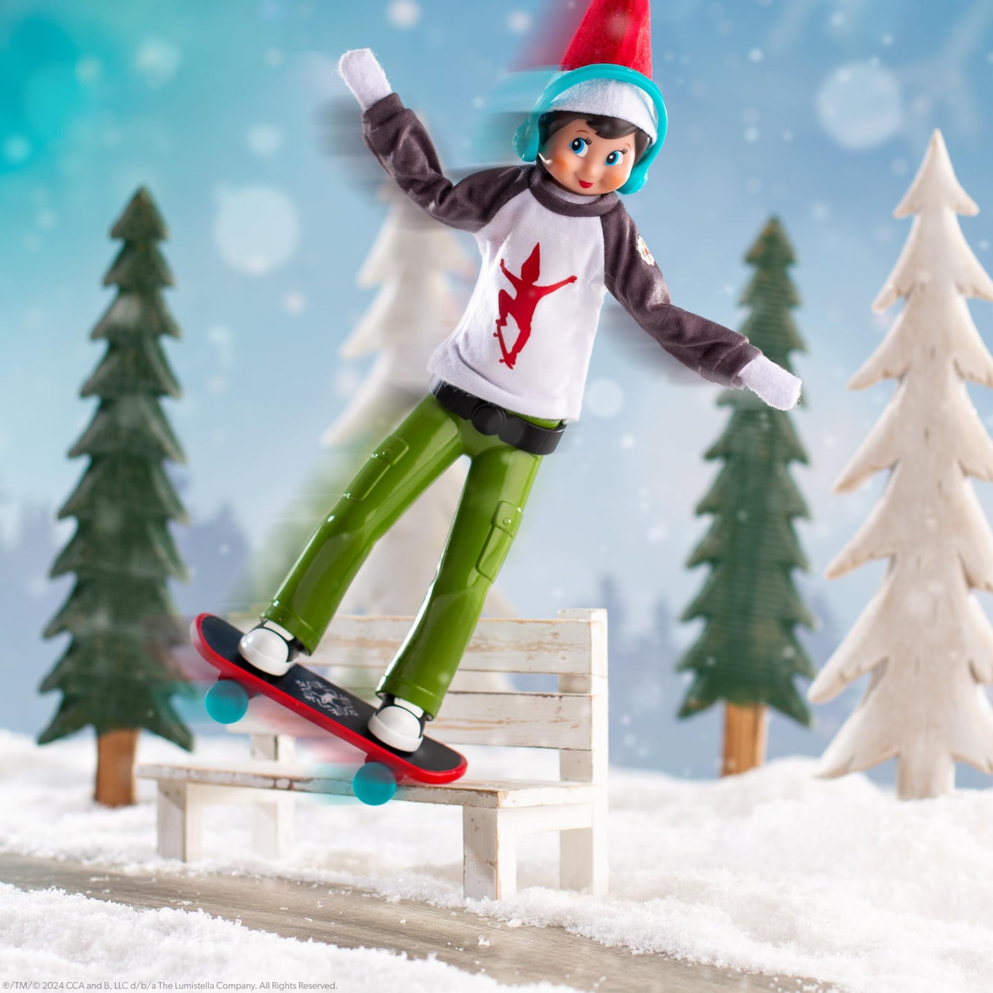 The Elf on the Shelf MagiFreez Holly Jolly Ollie Skateboard Set for Your Scout Elf - Includes Magical Standing Pants, elf- Sized Long Sleeve tee,…