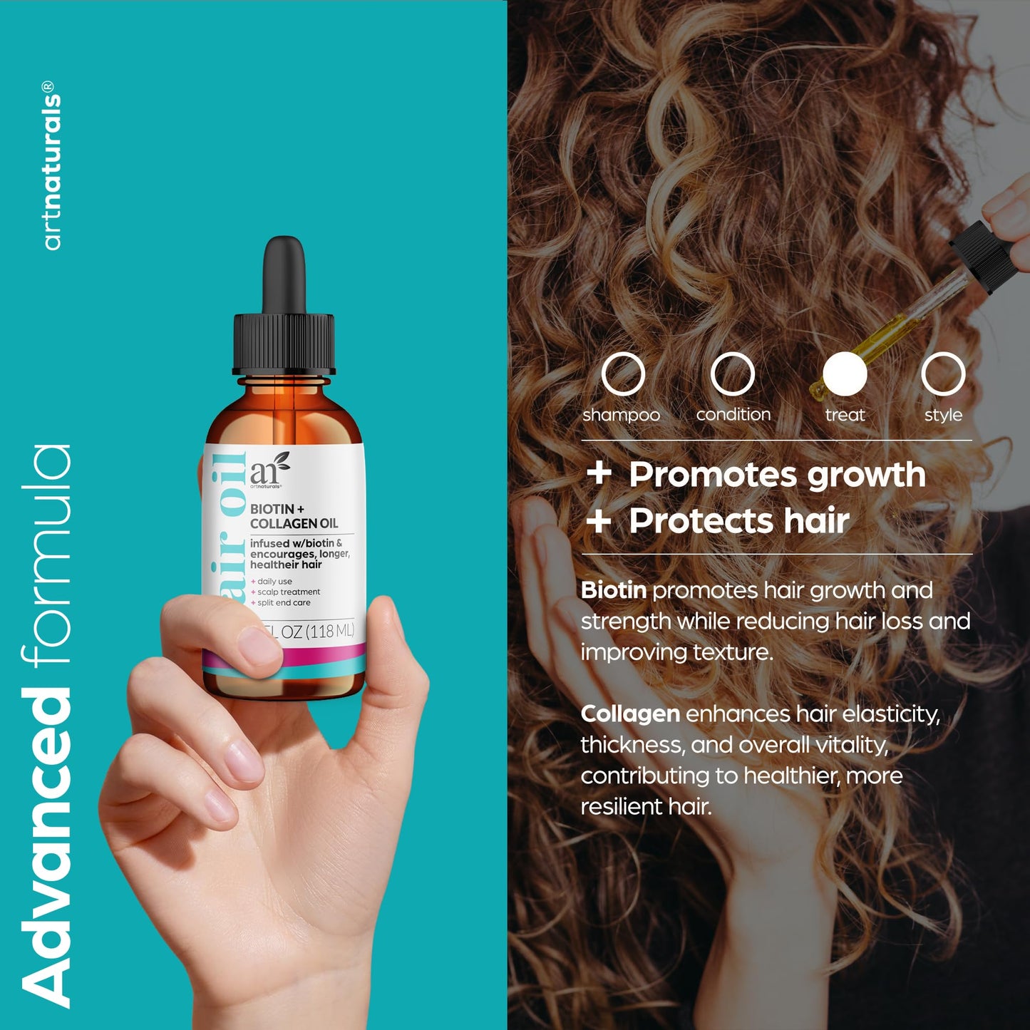 artnaturals Biotin Collagen Hair Oil 4.0oz - Growth Promoting Volumizing Formula - Reduce Hair Loss, Strengthens and Nourishes Hair - Controls Frizz