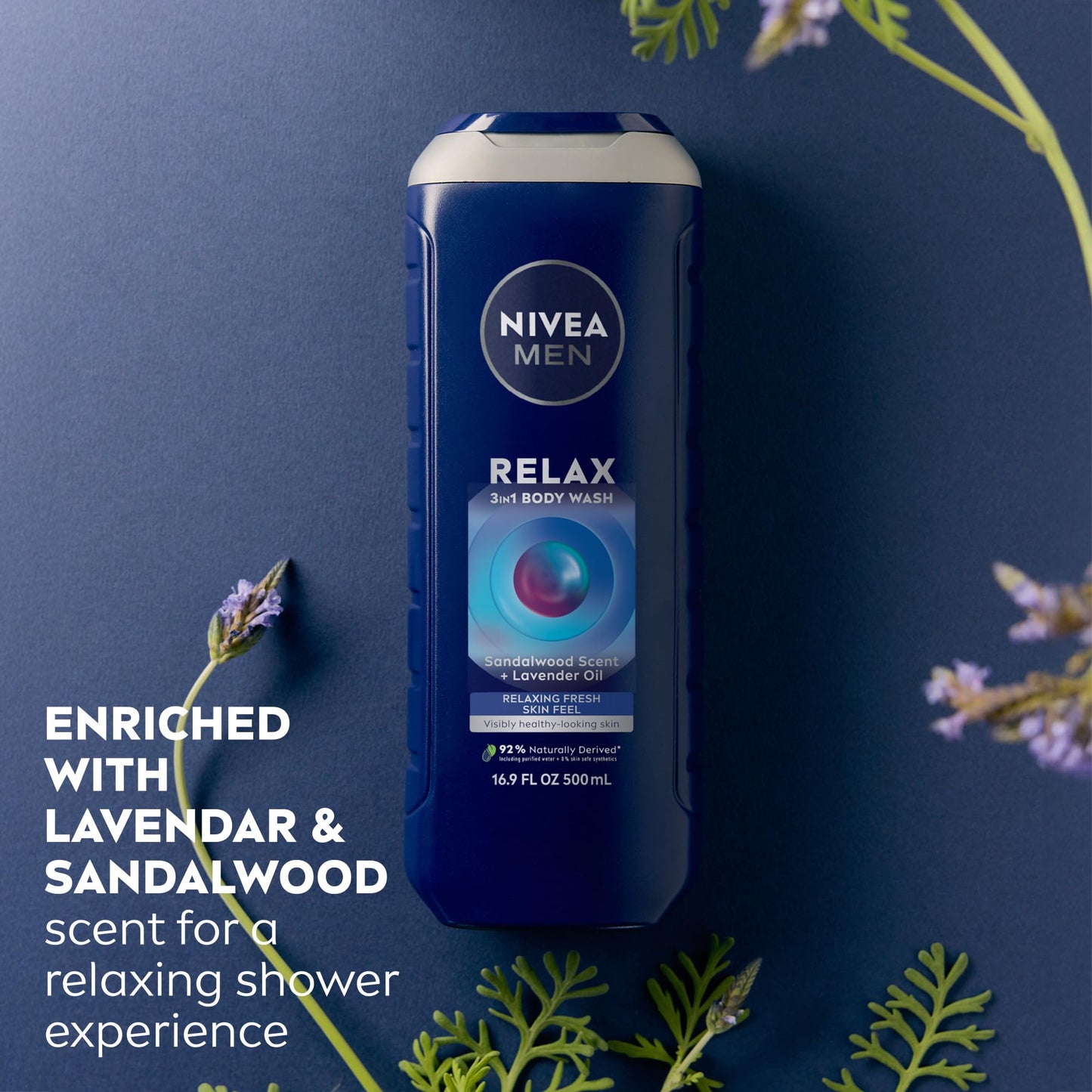 NIVEA MEN Relax Body Wash, Lavender and Sandalwood Scent, 3-in-1 Men's Body Wash, Face and Hair, Paraben Free, Vegan Formula, pH-Skin Friendly, 16.9