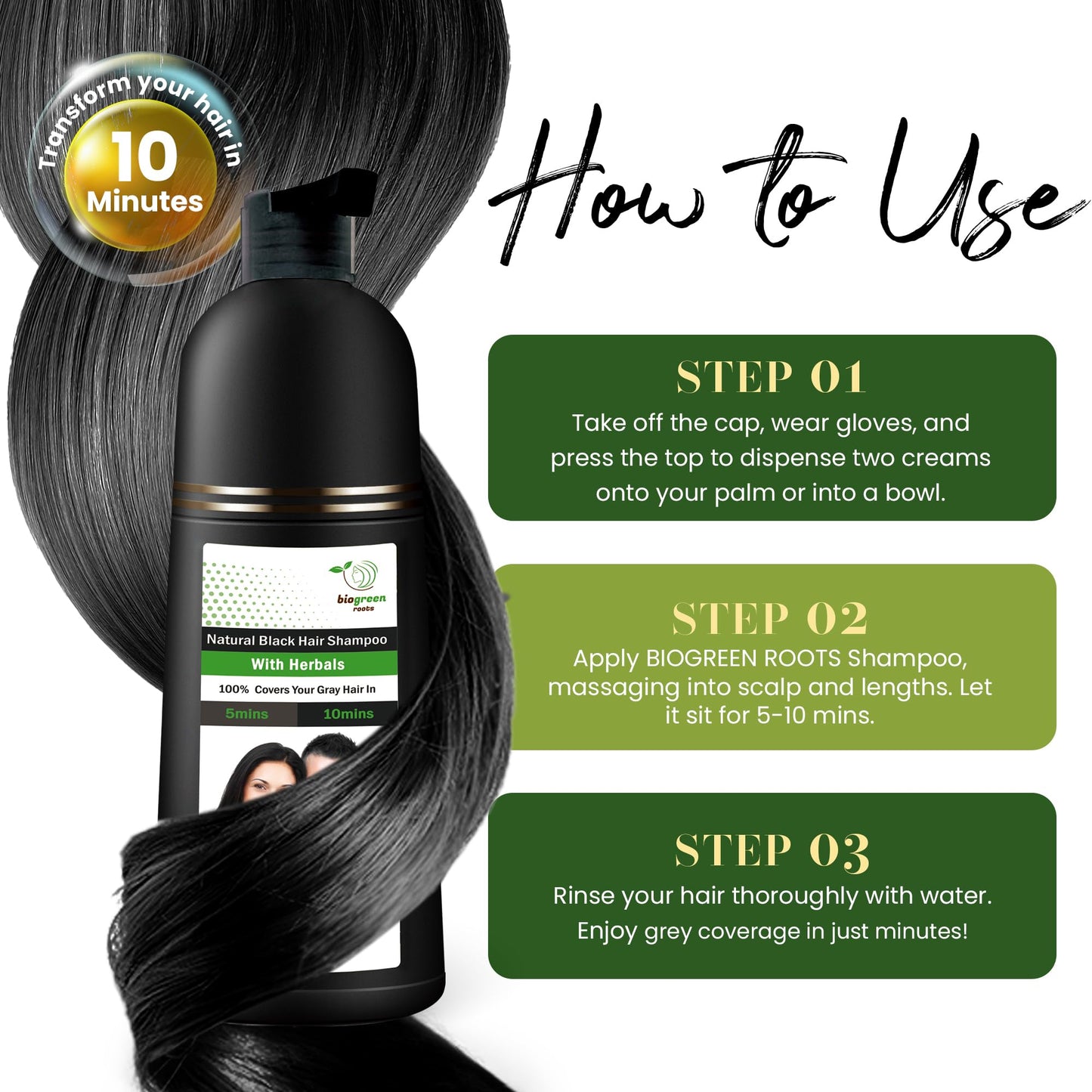 BIOGREEN ROOTS Ammonia-Free & Paraben Free Herbal Hair Shampoo - Hair Dye Shampoo for Women & Men - Natural Color & Nourishment