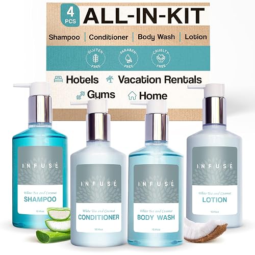 1-Shoppe Infuse 4 Piece Ecobox All-In-Kit | White Tea and Coconut Soap | 1 Shampoo, 1 Conditioner, 1 Body Wash and 1 Lotion | 10.14 oz Hotel Soaps