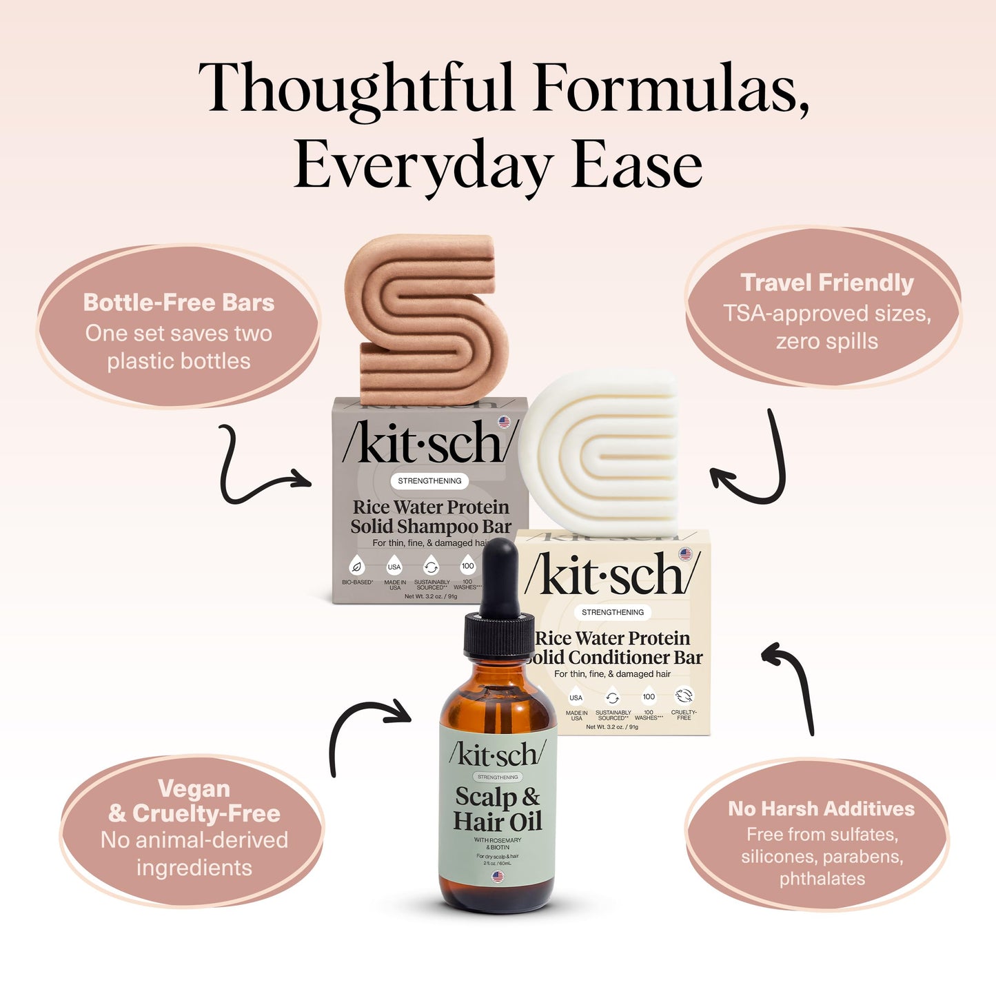 Kitsch Rice Water Shampoo and Conditioner Set + Pre-Wash Scalp Serum with Rosemary and Biotin - Shampoo and Conditioner Bar for Hair Growth & Scalp