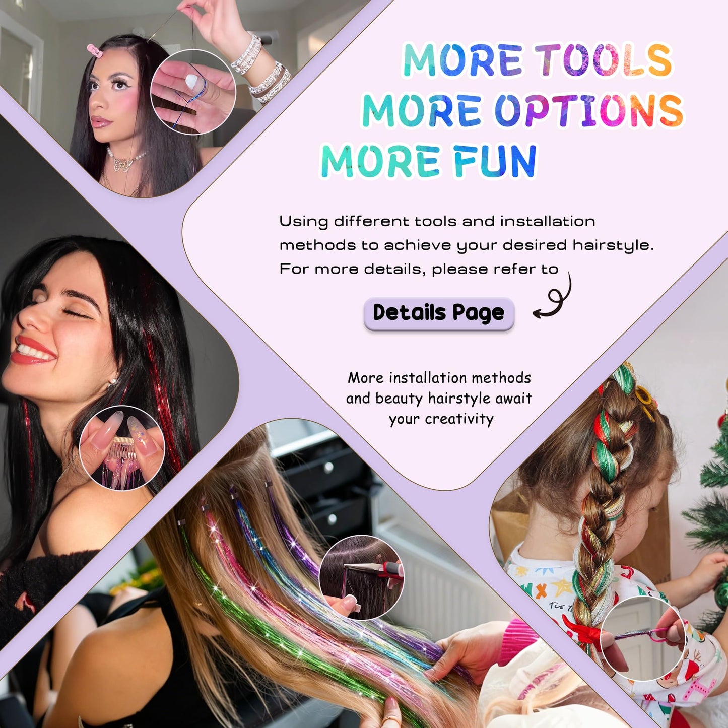 Hair Tinsel, Purple Fairy Hair Tinsel Kit for Teen Girls Heat Resistant Glitter Hair Extensions for Christmas Party Festival(Purple, 48 Inch) Beauty and Personal Care Arcpor