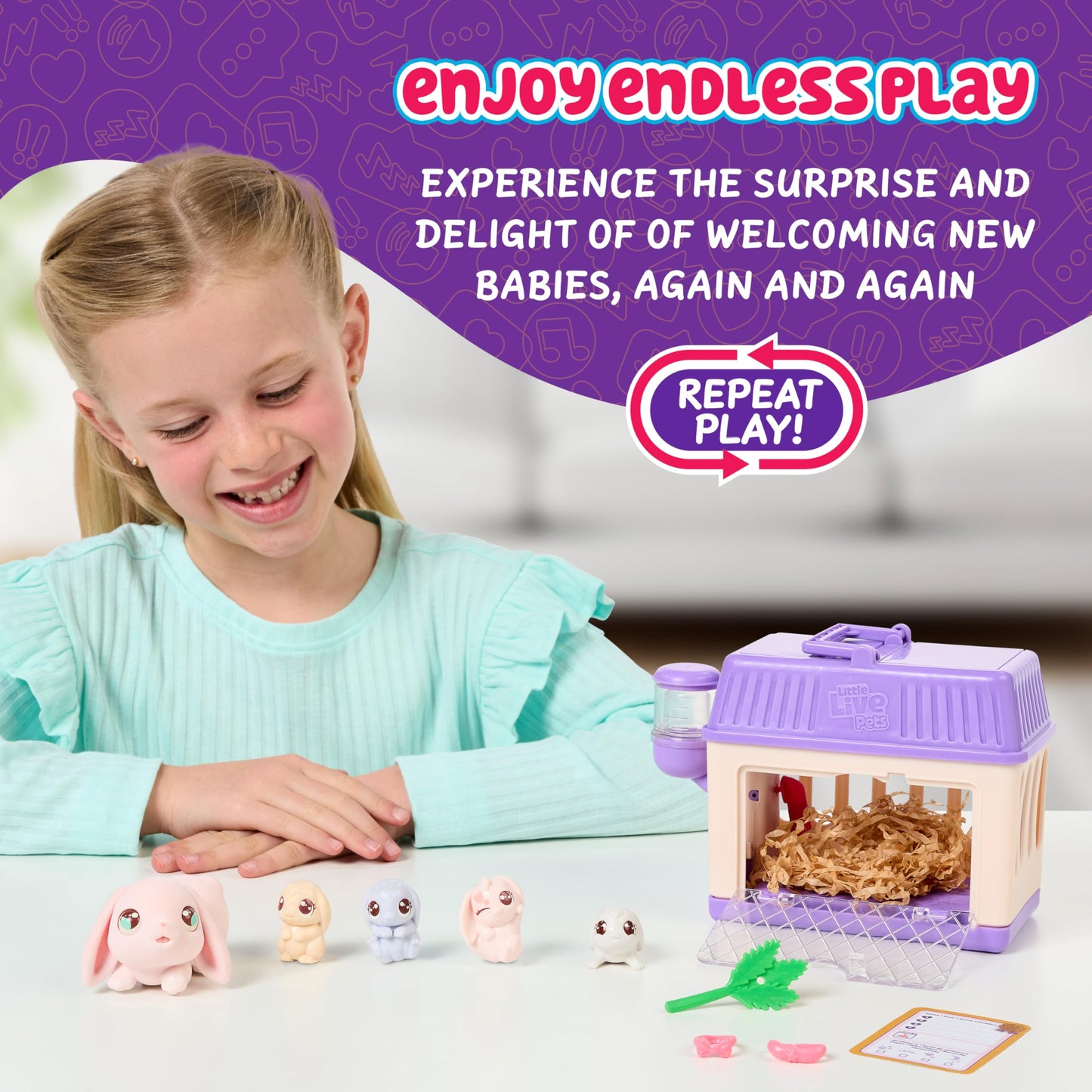 Little Live Pets Bunny Mini Interactive Toy Set – Hutch Playset with 3 Surprise Babies, 20+ Sounds & Accessories, Kids Ages 3+