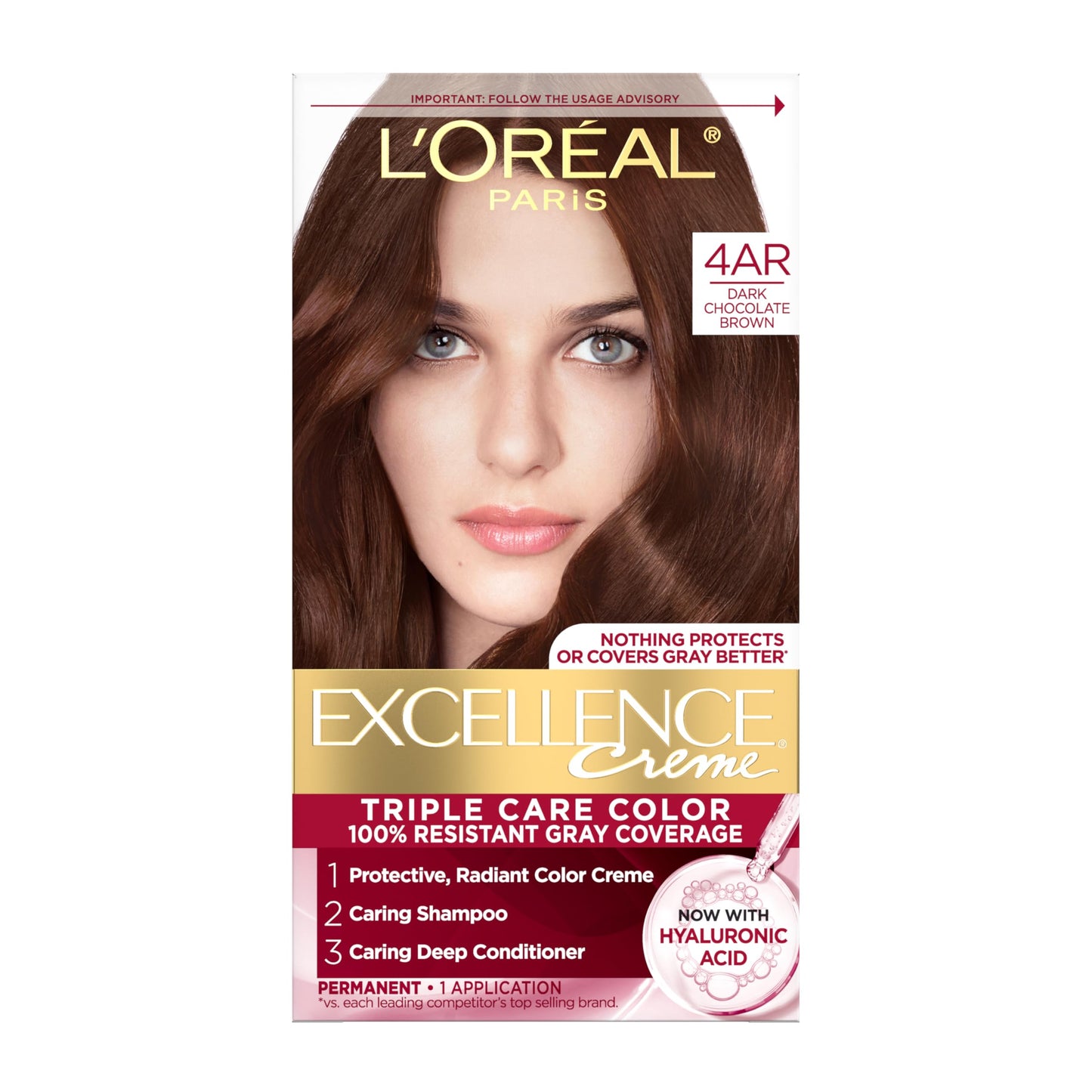 L'Oreal Paris Excellence Crème Permanent Hair Dye, Triple Care Hair Color with Pro-Keratine Complex for 100% Gray Hair Coverage, 4AR Dark Chocolate