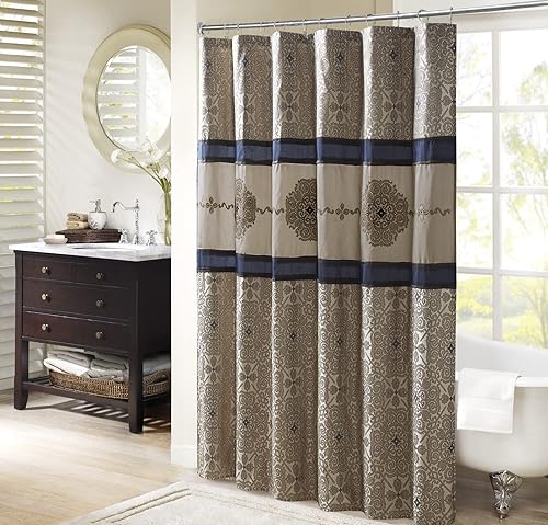 Madison Park Donovan Shower Curtain, Embroidered Jacquard Weave Design, Traditional Bathroom Décor, Machine Washable, Fabric Privacy Screen, 72x72…