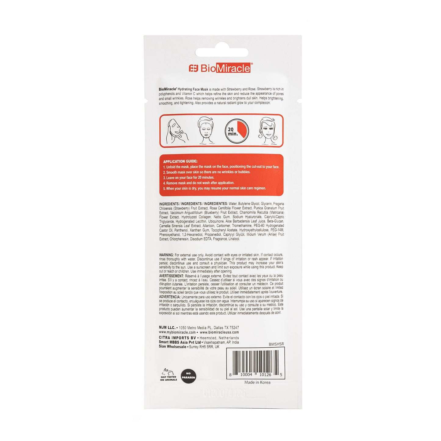 BioMiracle Hydrating, Natural Face Mask Sheet, with Strawberry and Rose, for Glowing, Revitalized, Moisturized Skin, Spa Treatment Mask (Pack of 5)