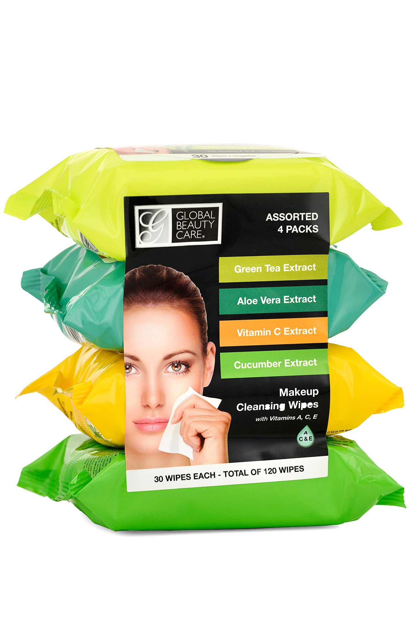 Global Beauty Care Assorted Makeup Remover Wipes Variety Pack - Green Tea, Aloe Vera, Vitamin C & Cucumber Extract Facial Cloths, Removes Waterproof